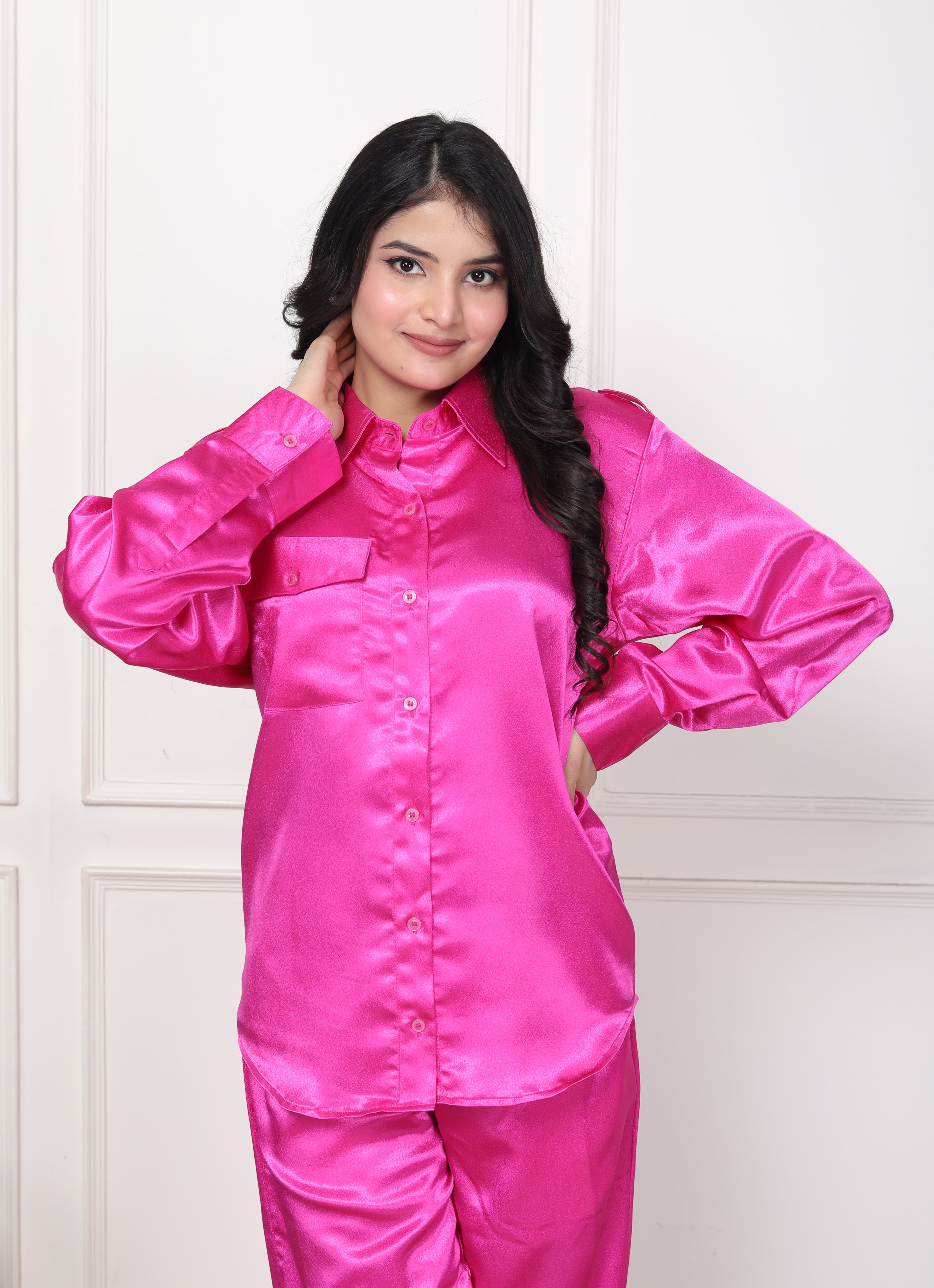 Hot Pink Color Satin Women Coordset