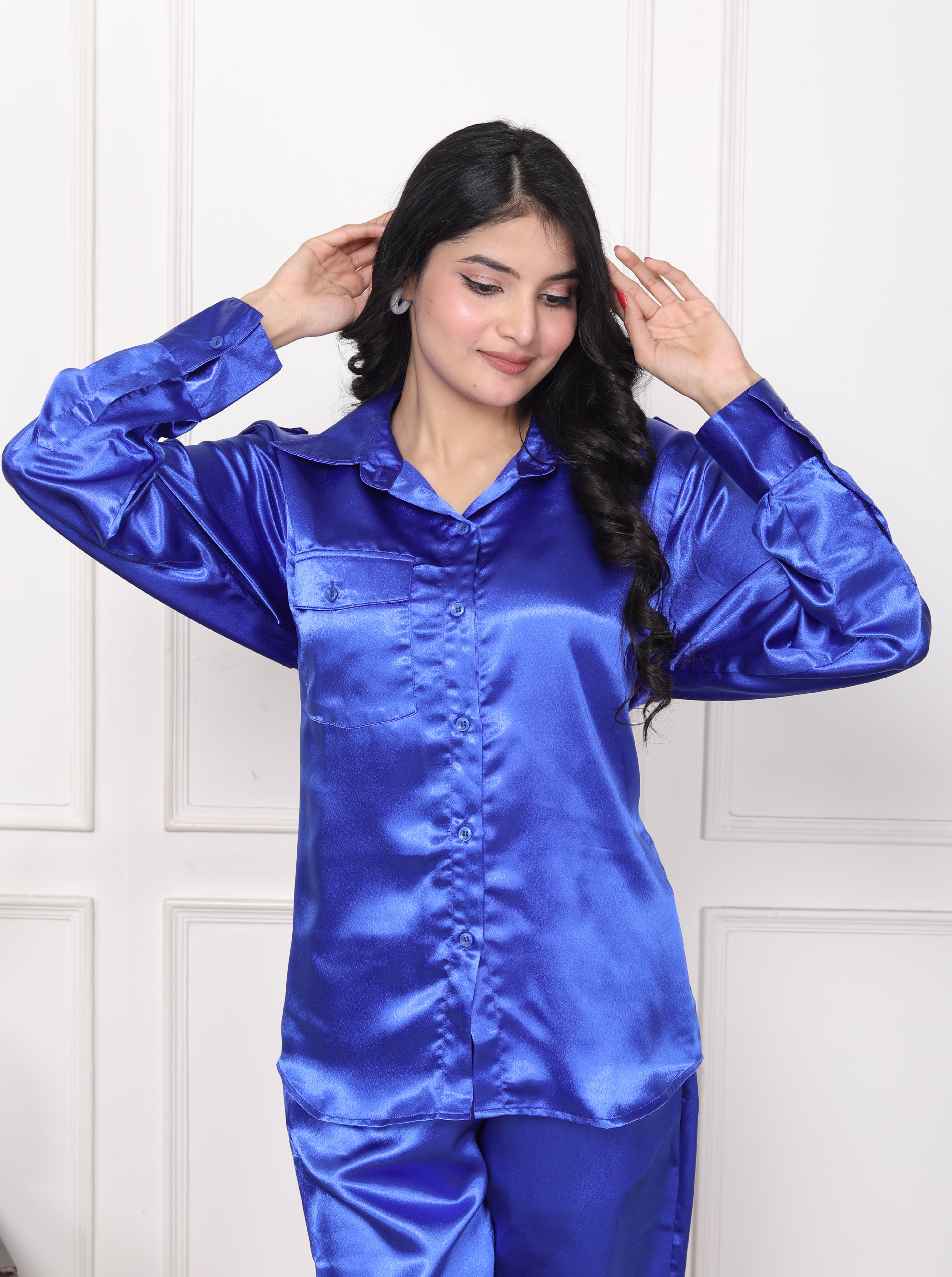 Royal Blue Color Satin Women Coordset