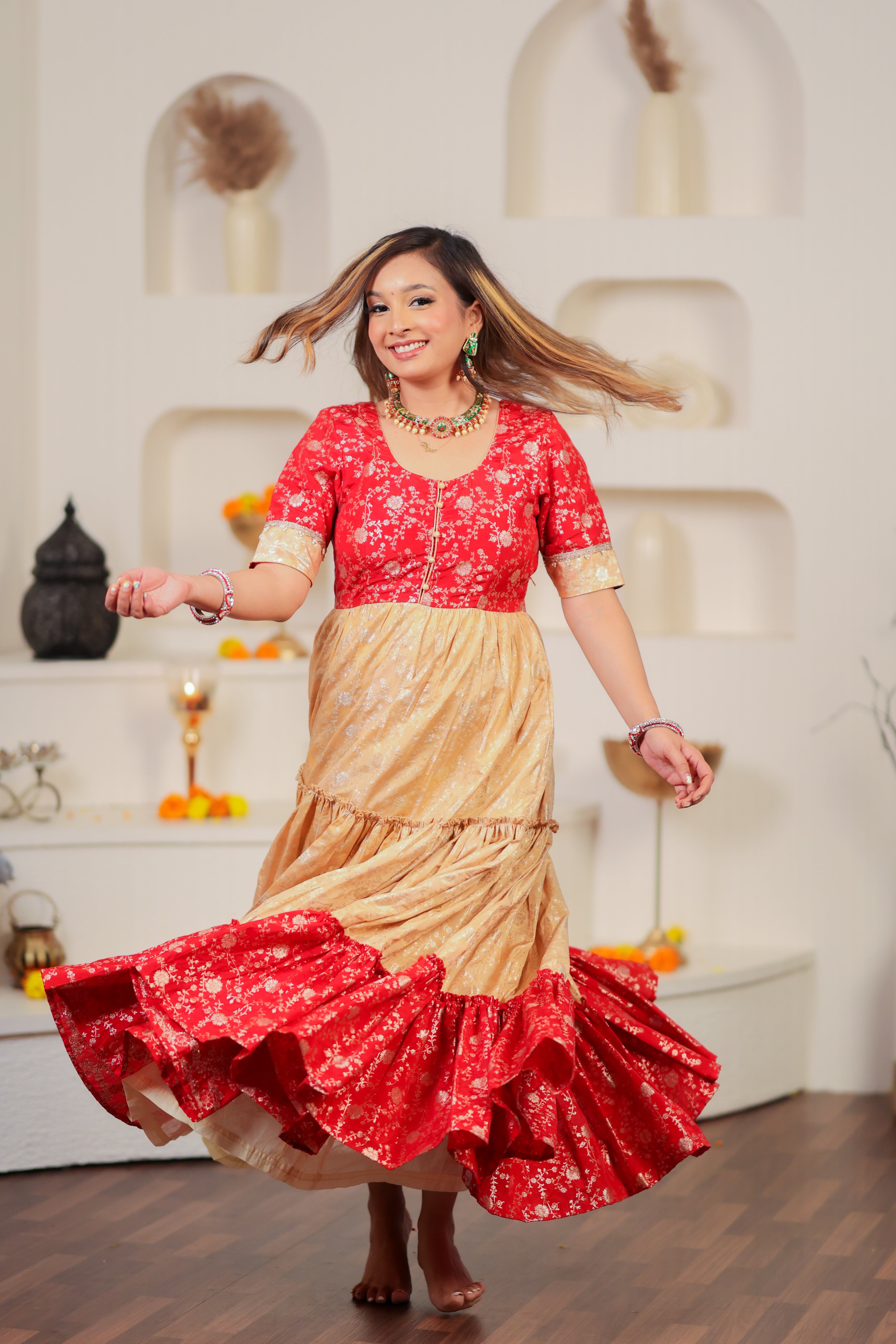 Red And Gold Women Anarkali Dress