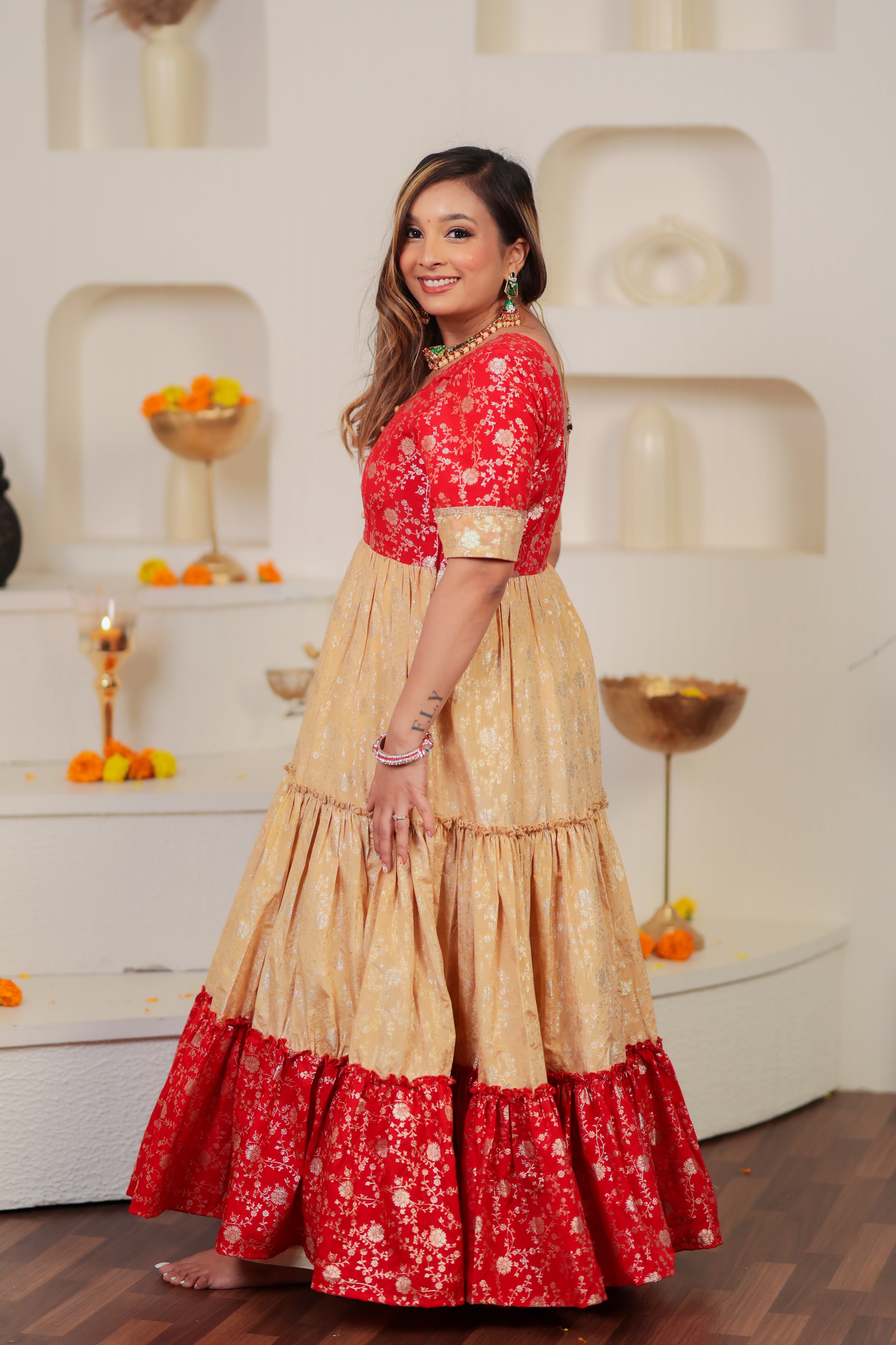 Red And Gold Women Anarkali Dress