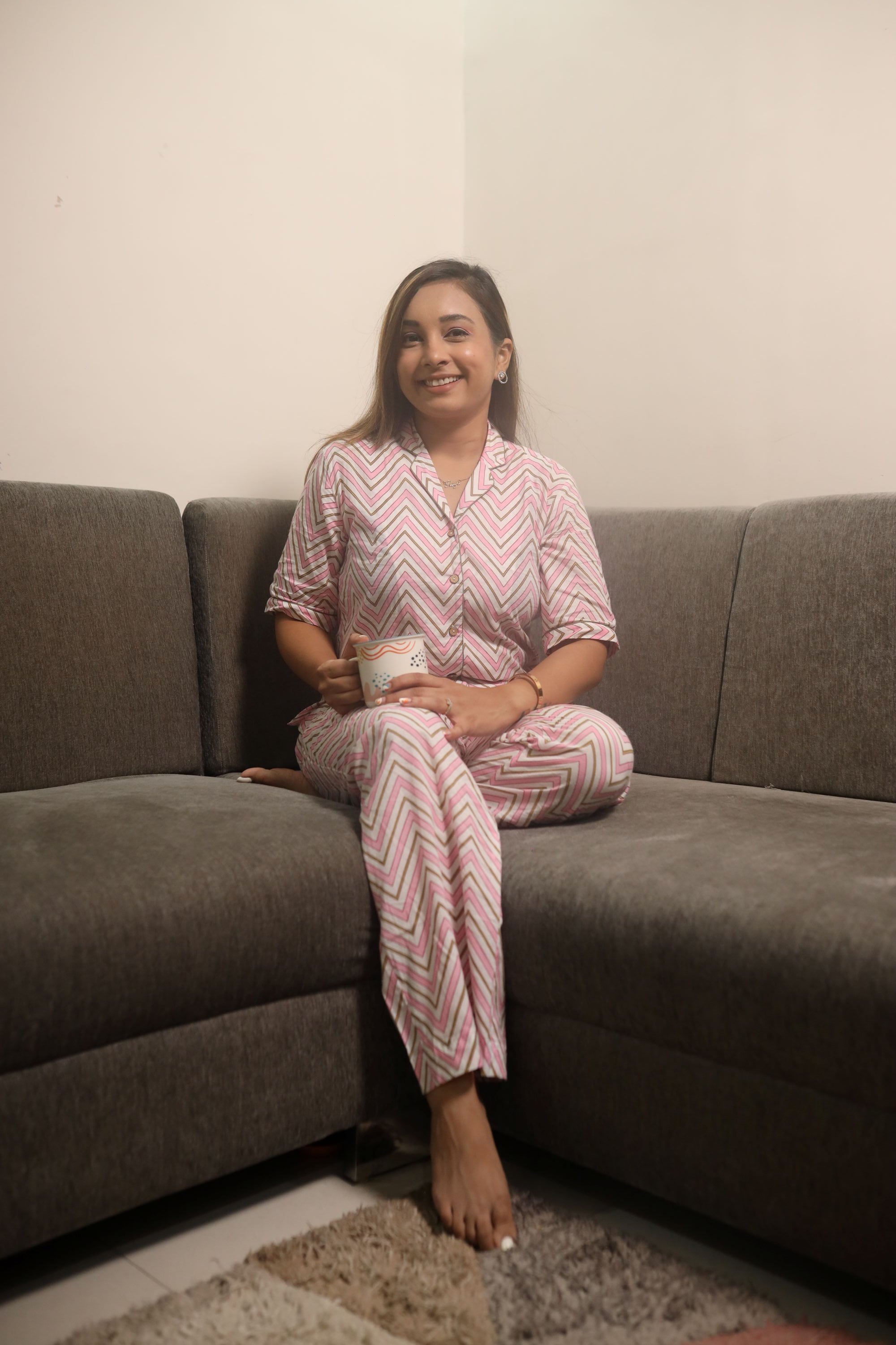 Pink Zig Zag Women Cotton Night Suit (Shirt and Pant)