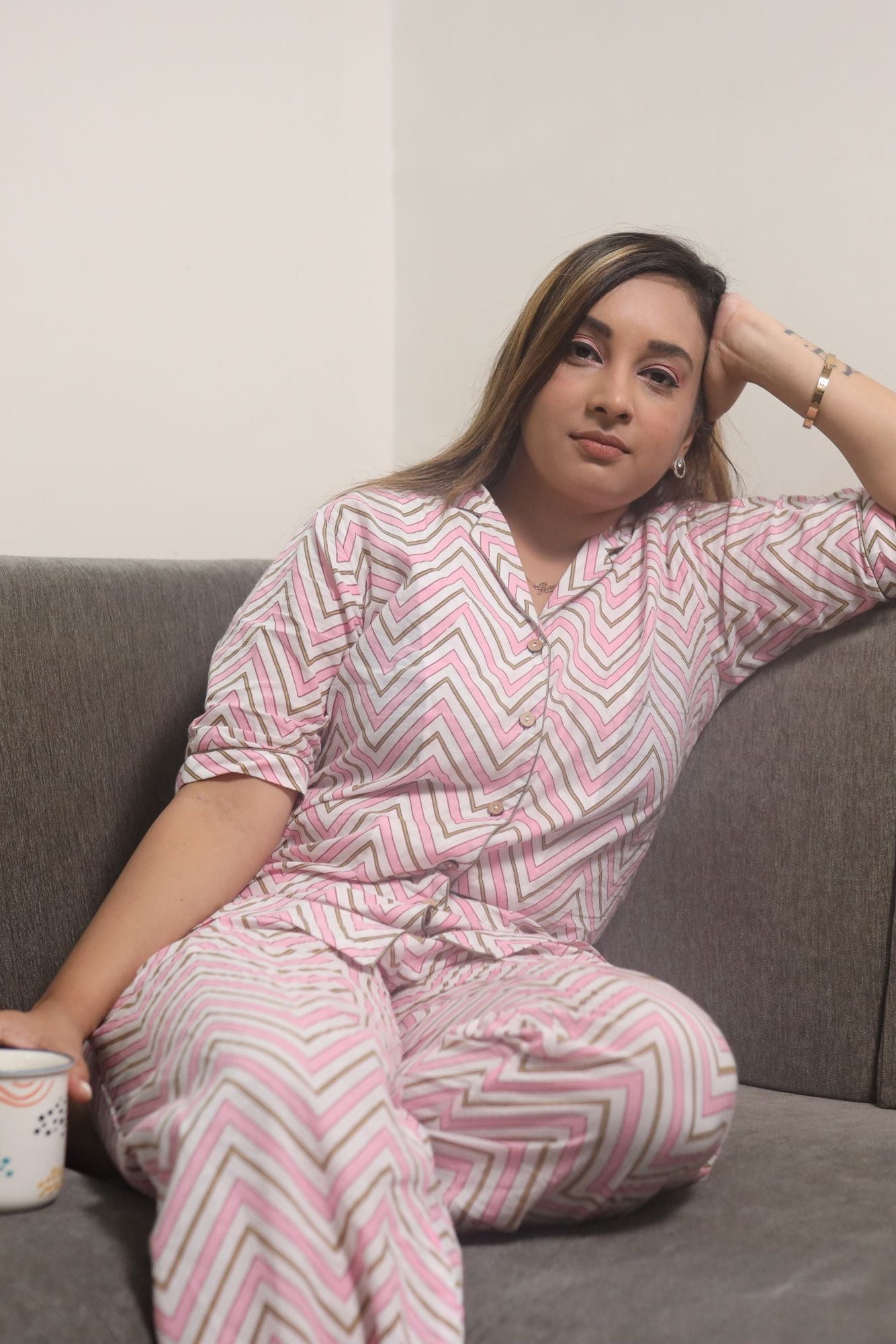 Pink Zig Zag Women Cotton Night Suit (Shirt and Pant)