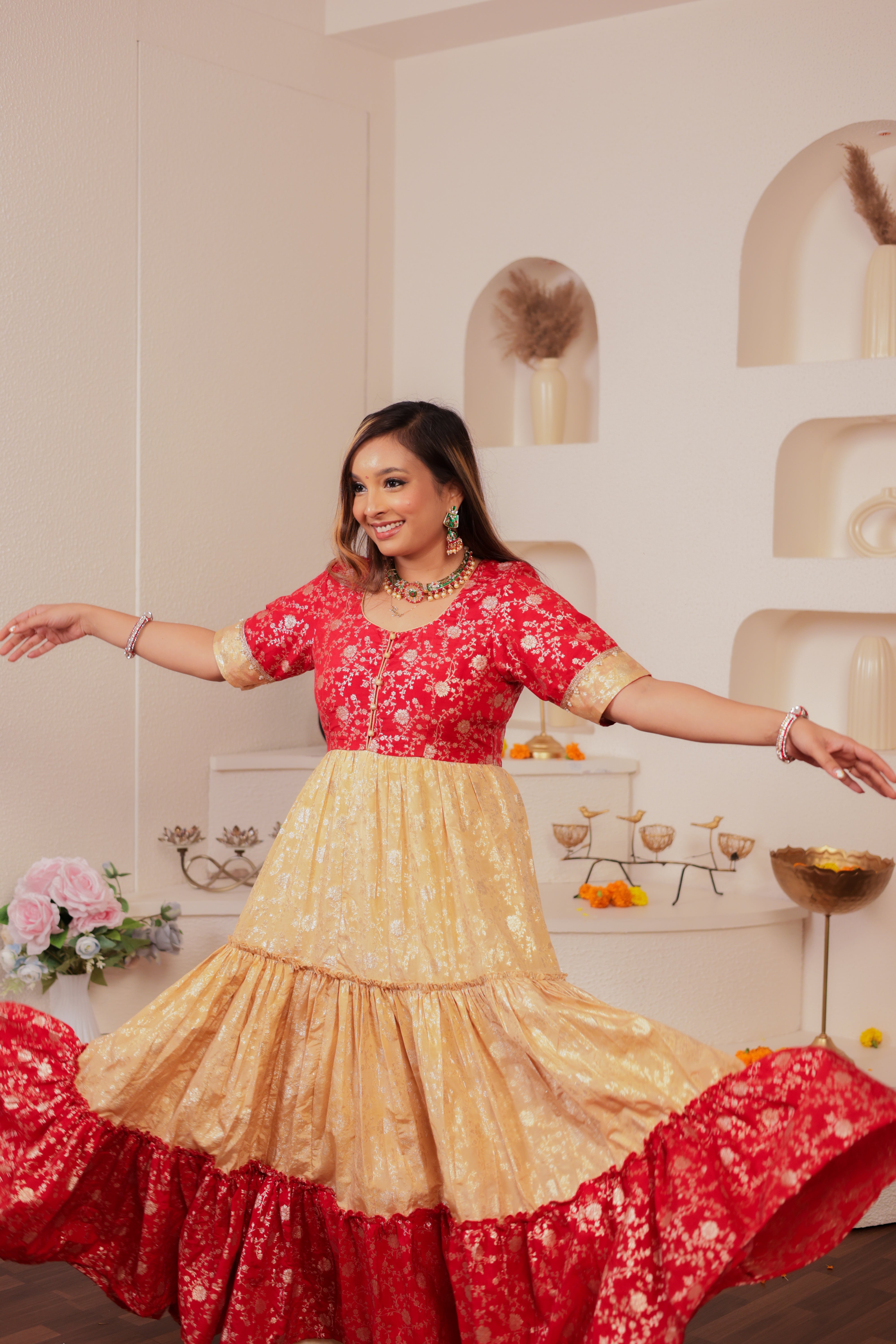 Red And Gold Women Anarkali Dress