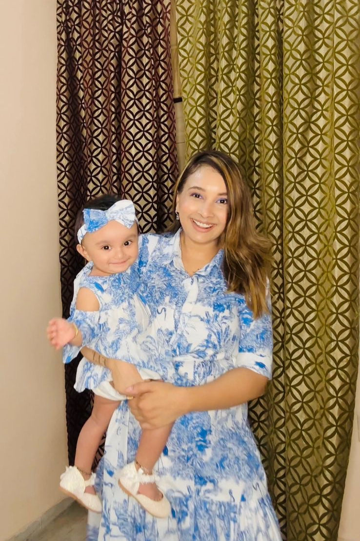 Blue & White Jungle Print Women A-line Dress