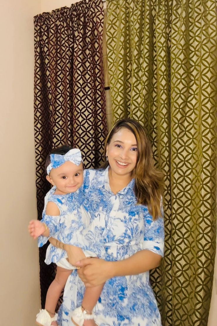 Blue & White Jungle Print Baby Girl Dress