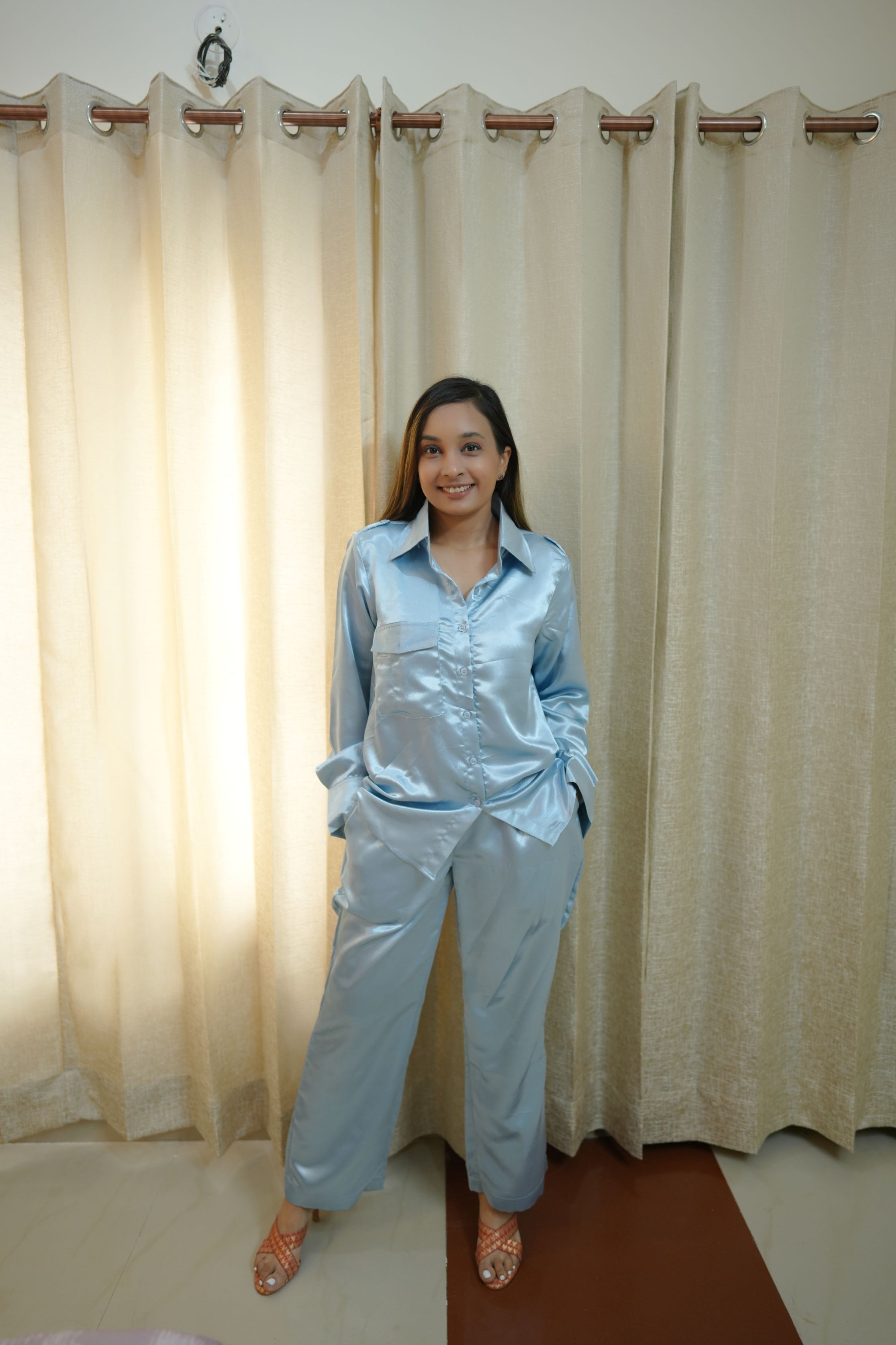 Ice Blue Color Satin Women Coordset