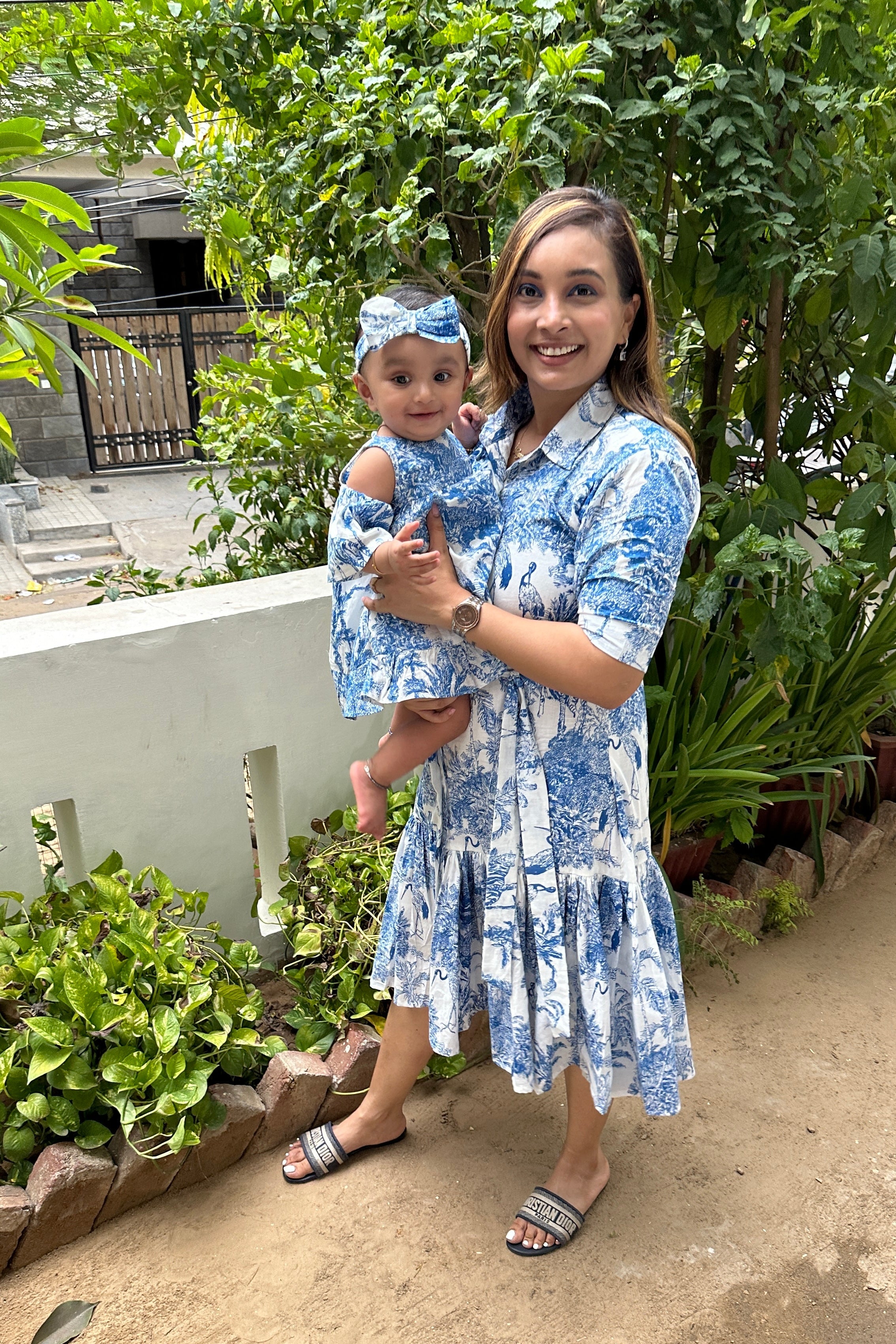 Blue & White Jungle Print Baby Girl Dress