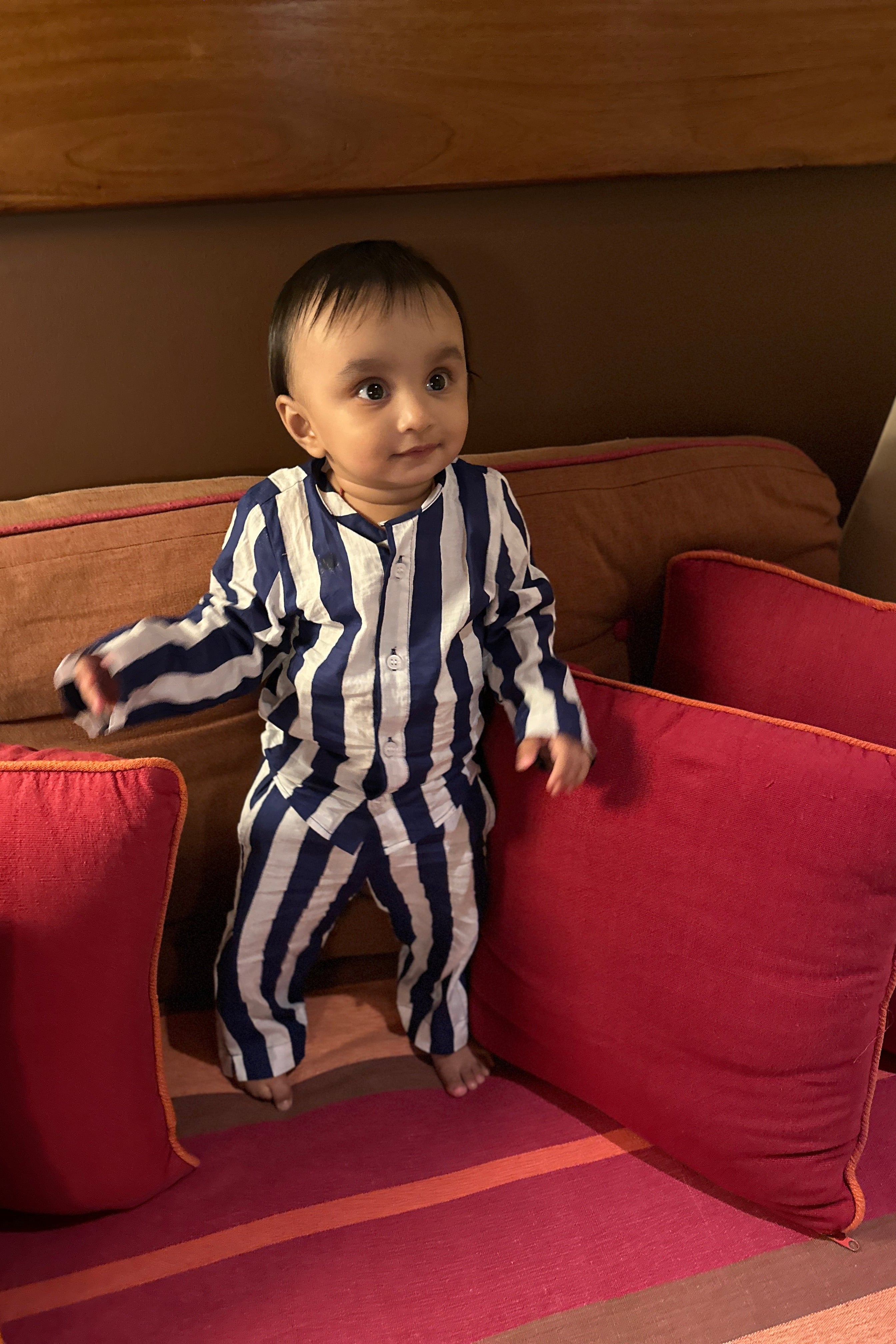 Blue And White Striped Baby Girl Cotton Night Suit (Shirt and Pant)