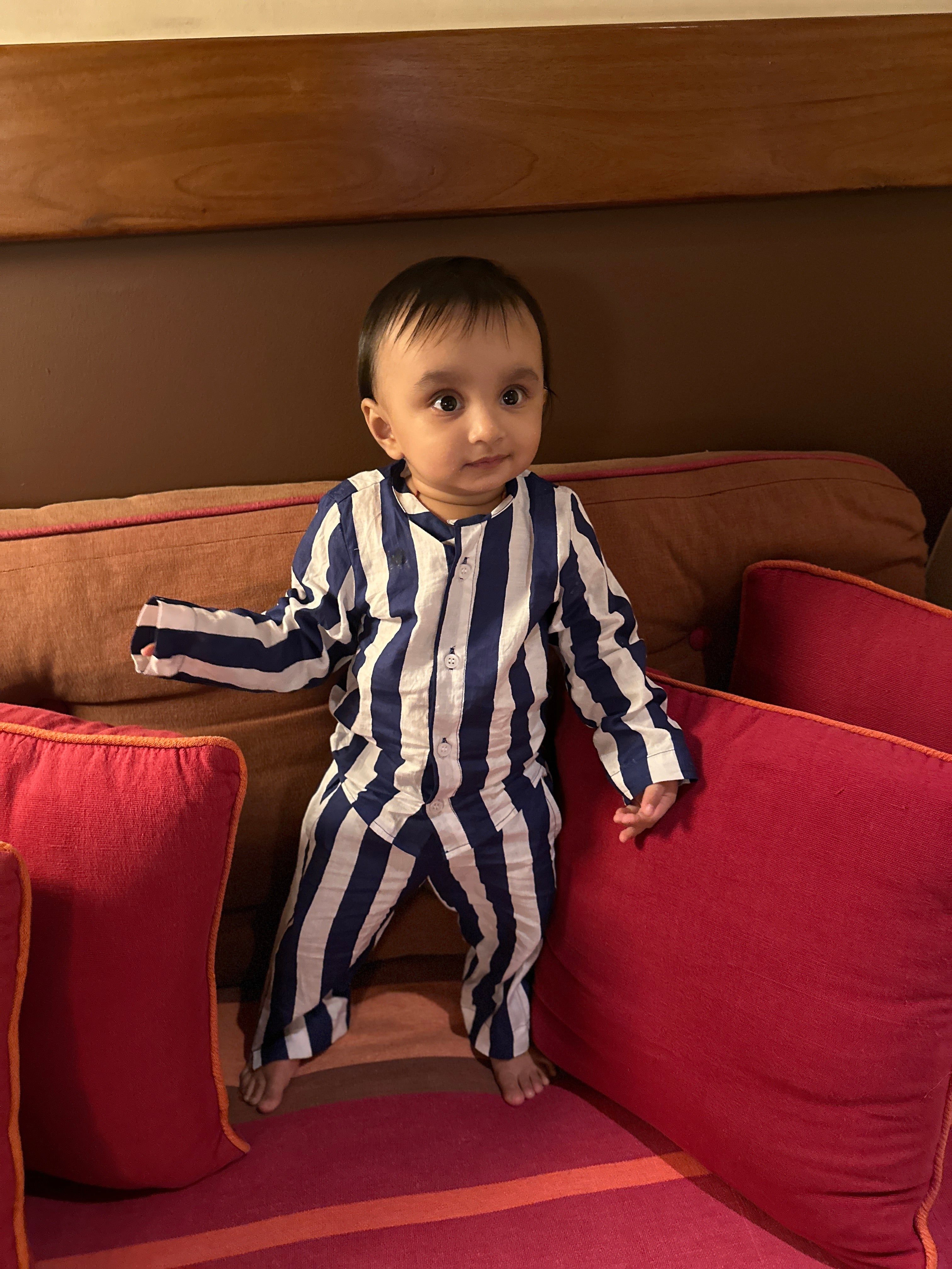 Blue And White Striped Baby Girl Cotton Night Suit (Shirt and Pant)