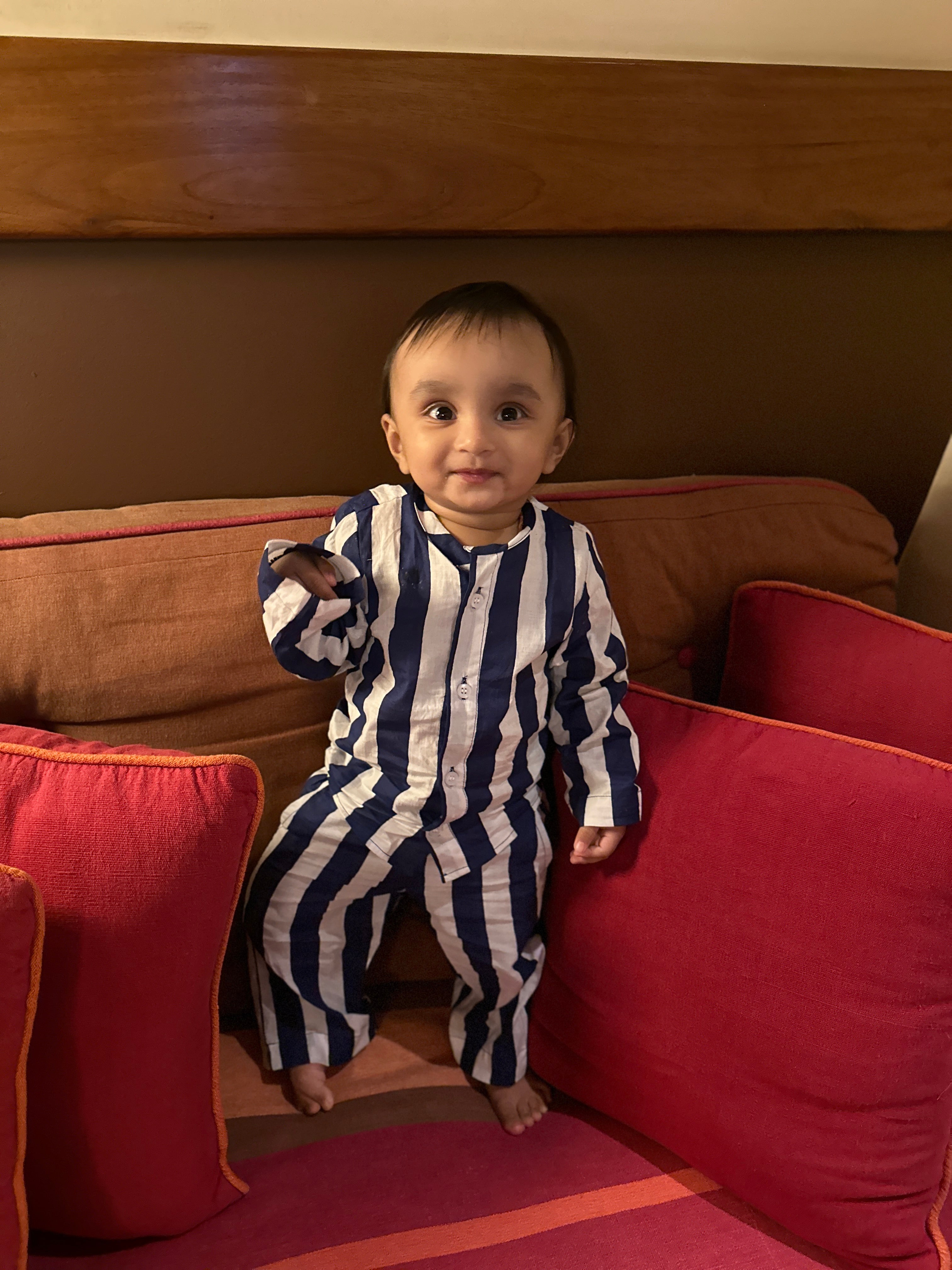 Blue And White Striped Baby Girl Cotton Night Suit (Shirt and Pant)