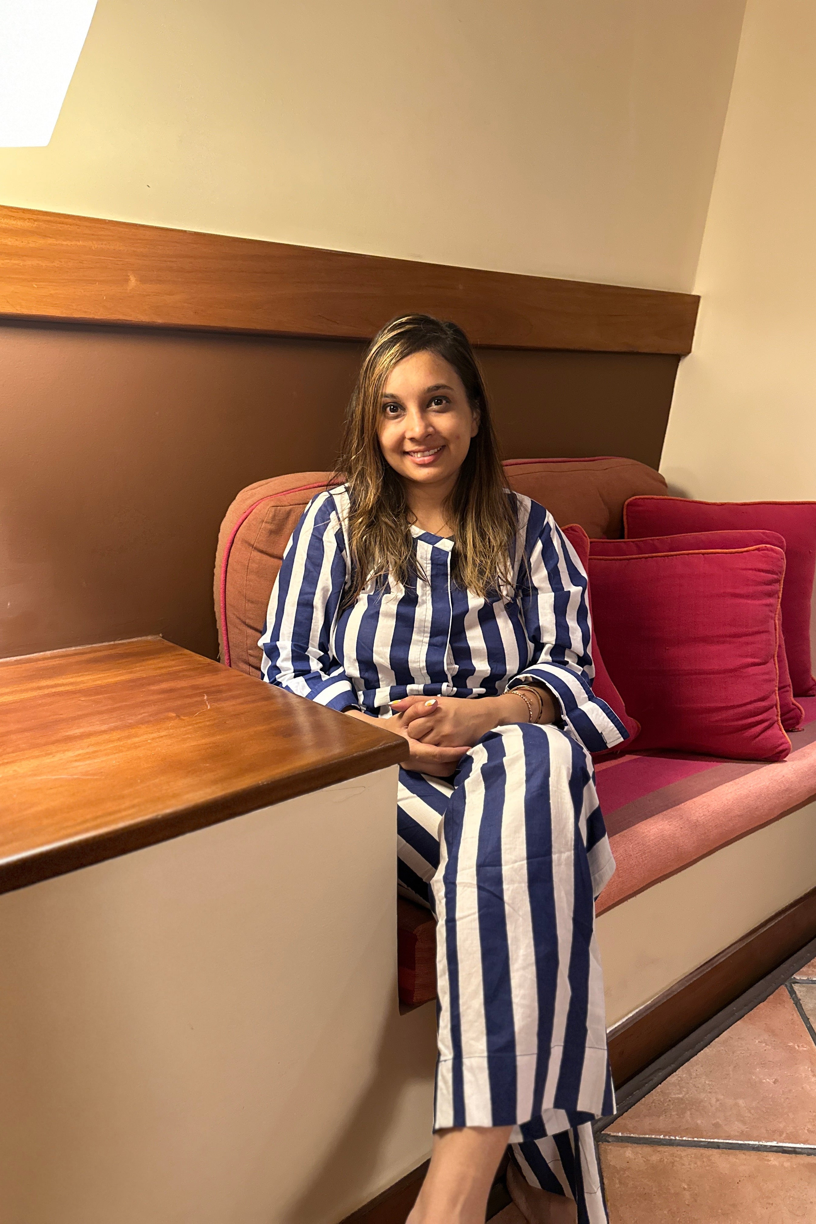 Blue And White Striped Women Cotton Night Suit (Shirt and Pant)