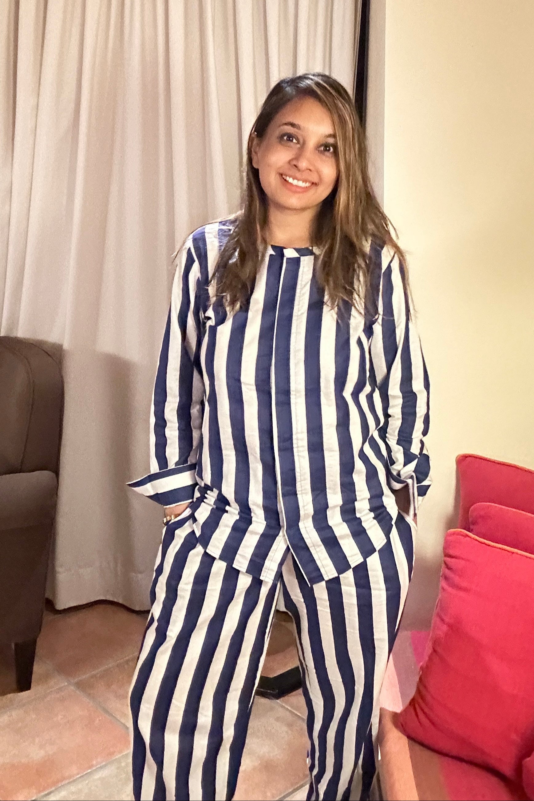Blue And White Striped Women Cotton Night Suit (Shirt and Pant)