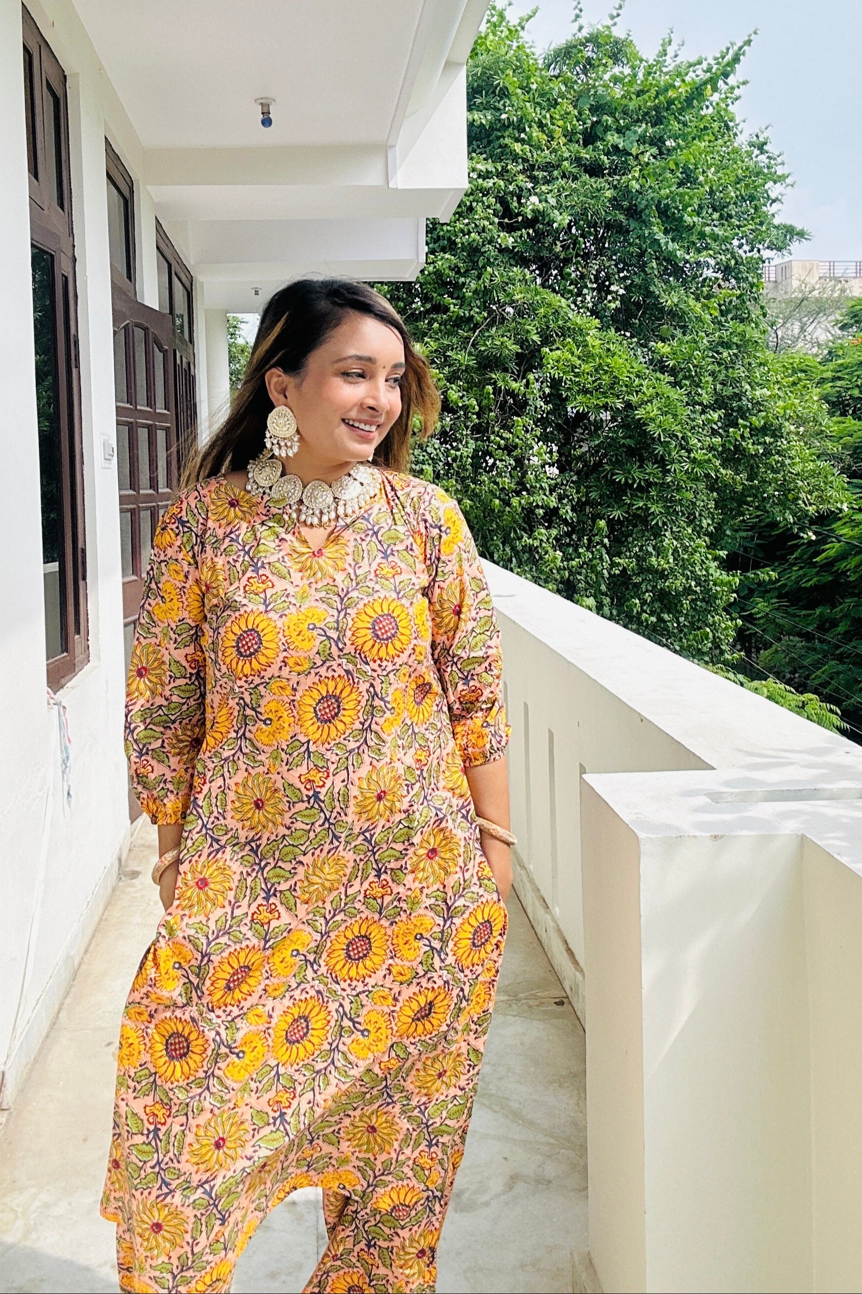 Yellow Sunflower Cotton Women Kurta and Pant Set