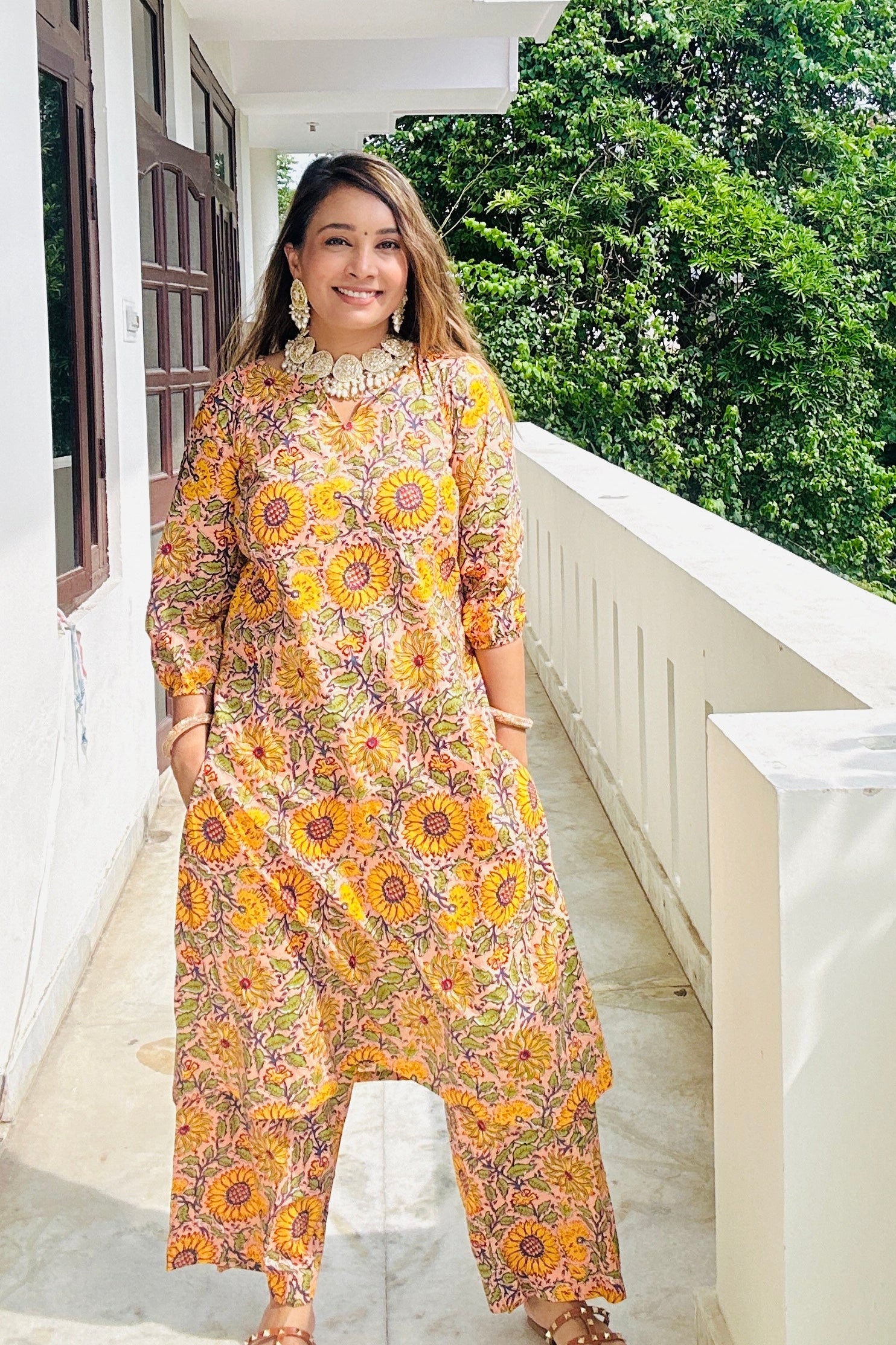 Yellow Sunflower Cotton Women Kurta and Pant Set