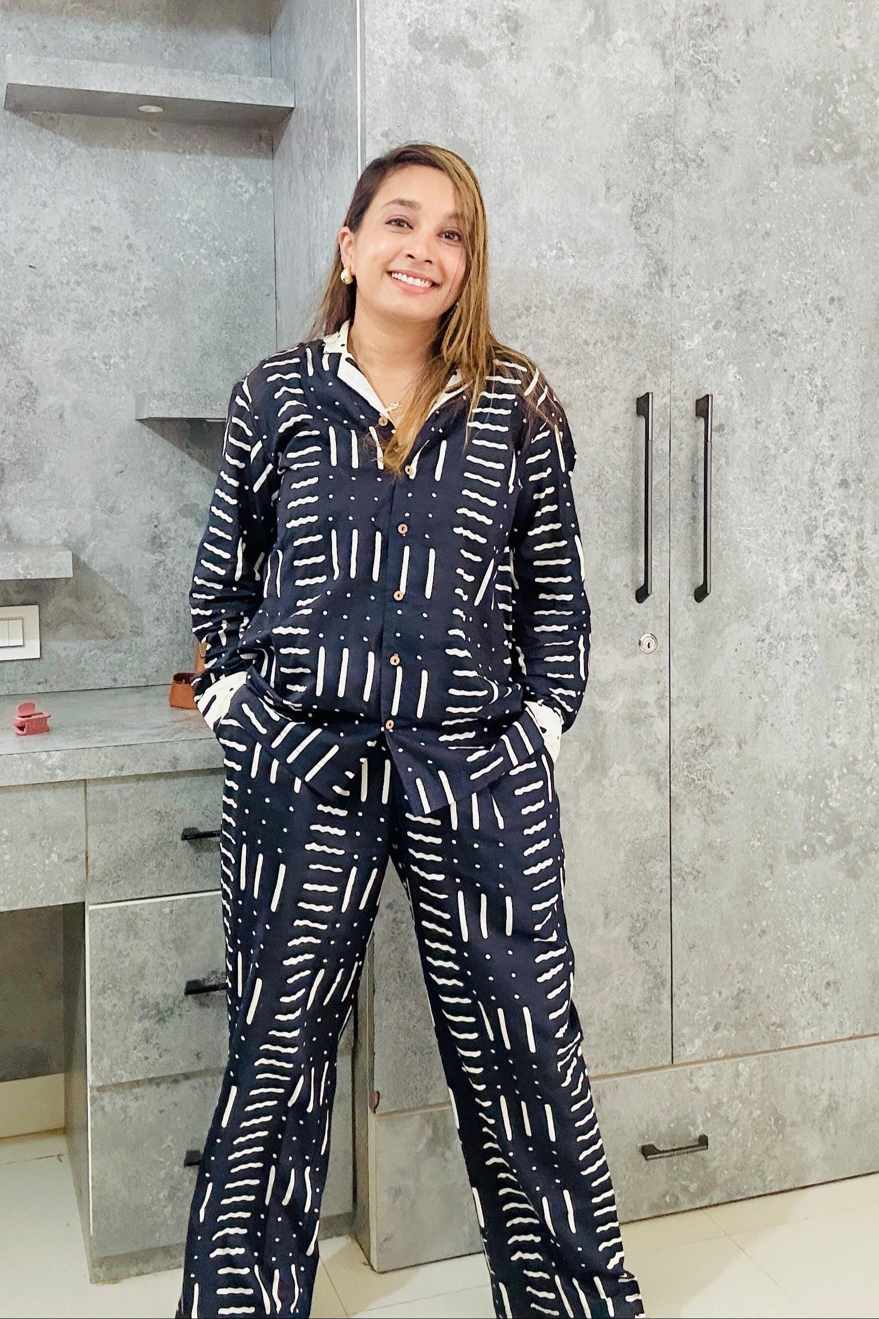 Blue and Cream Women Cotton Coord Set