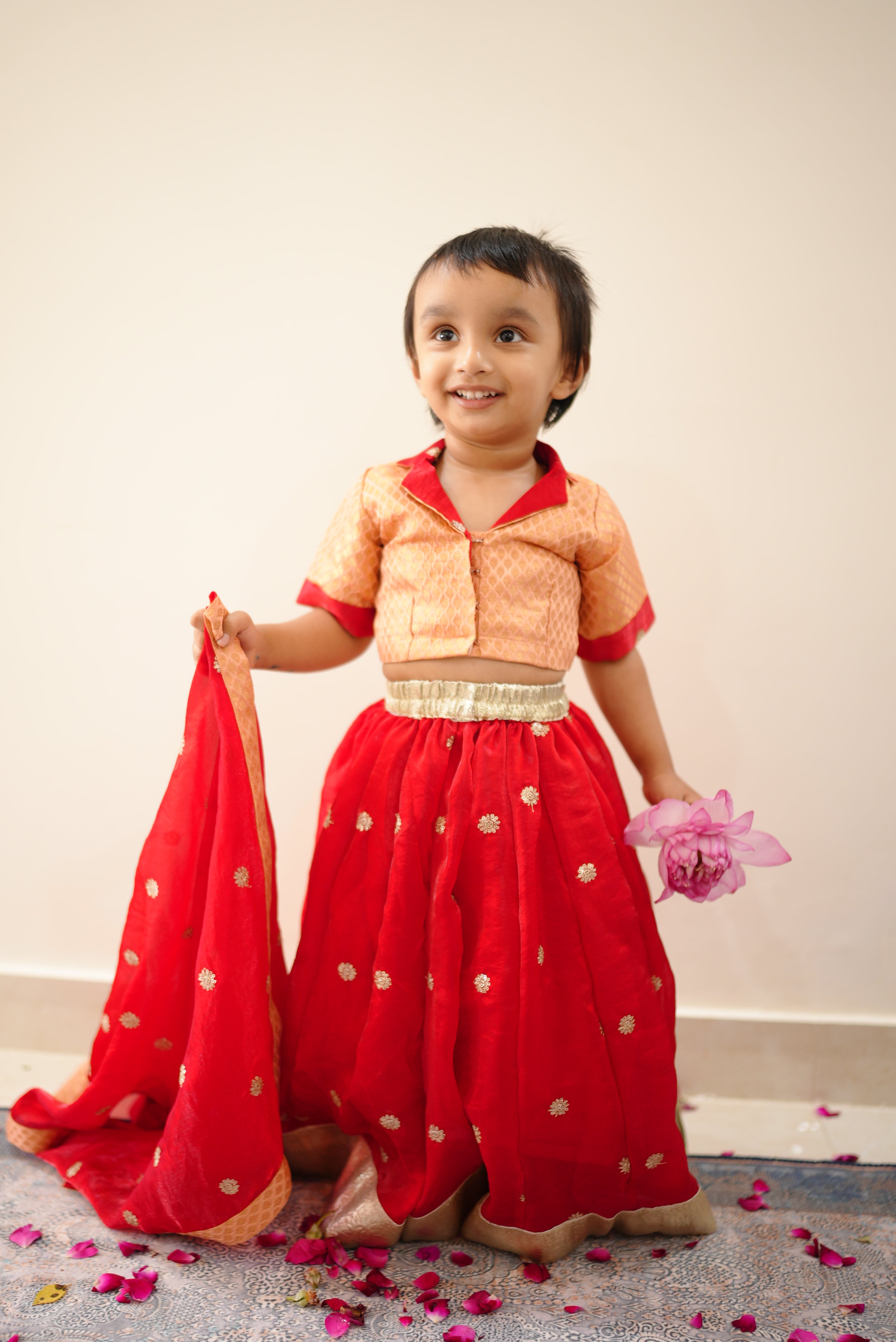 Red and Peach Girl Lehenga, Blouse and Dupatta