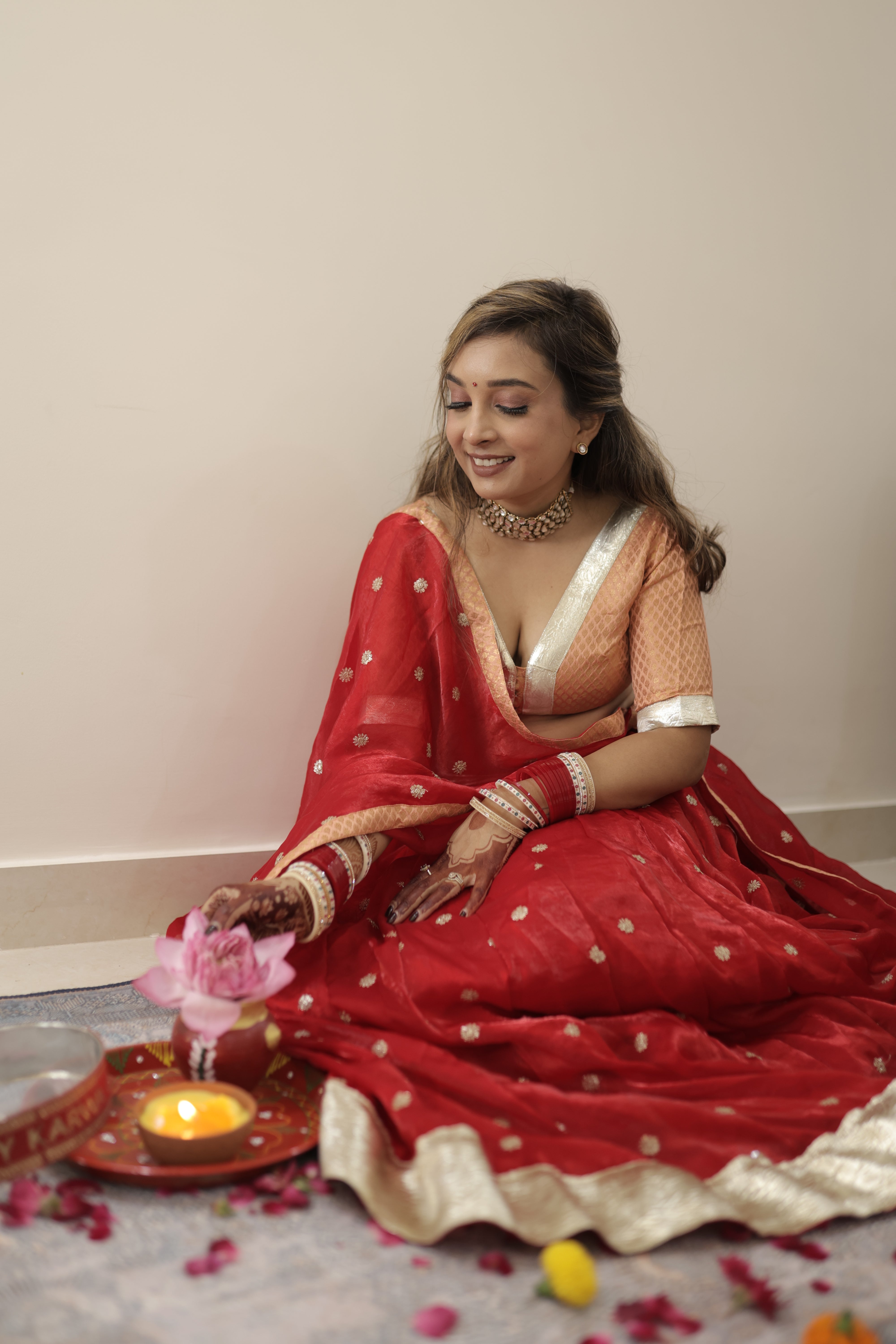 Red and Peach Women Lehenga, Blouse and Dupatta