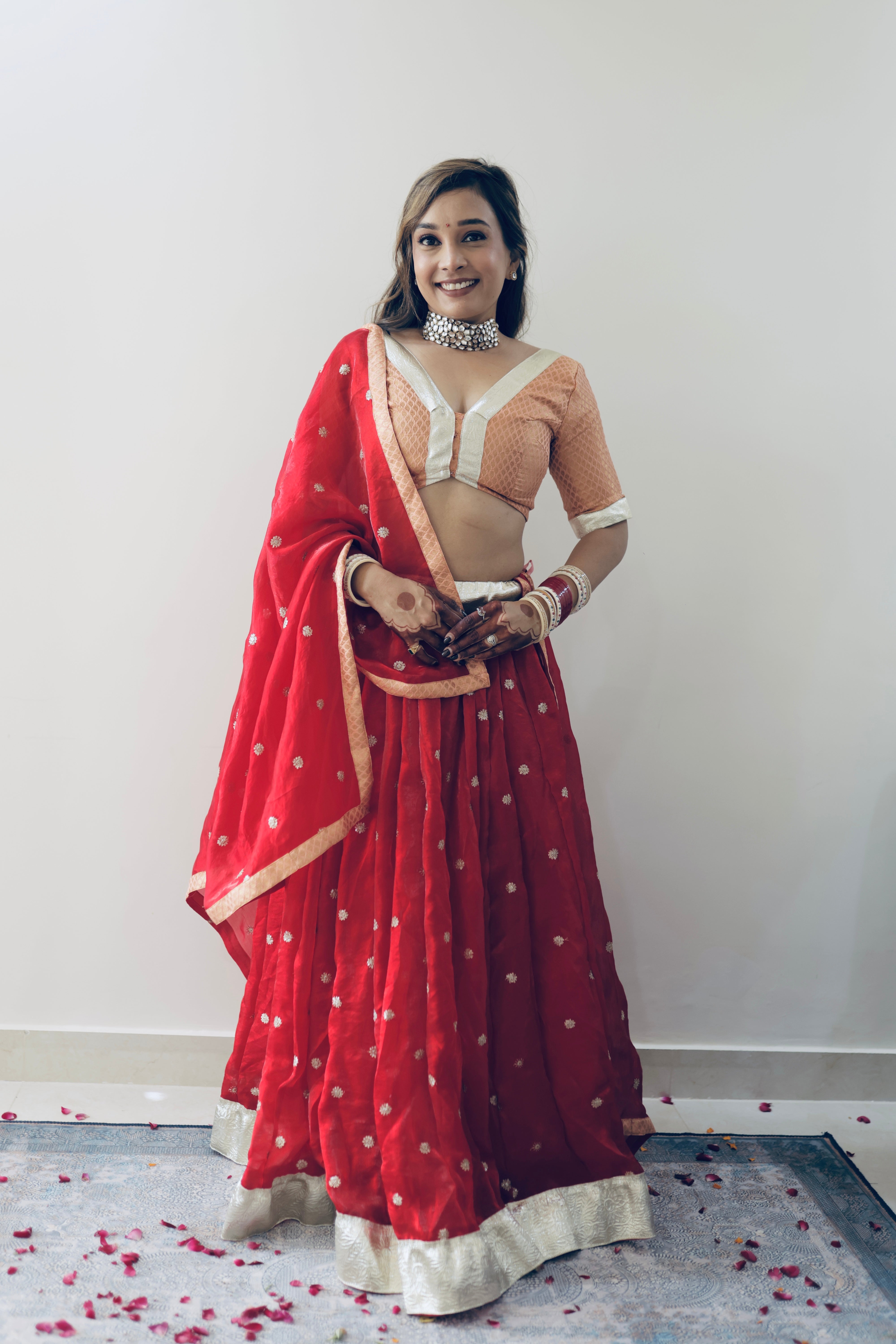 Red and Peach Lehenga Sets | Twinning Sets for Mother, Daughter, Father and Son