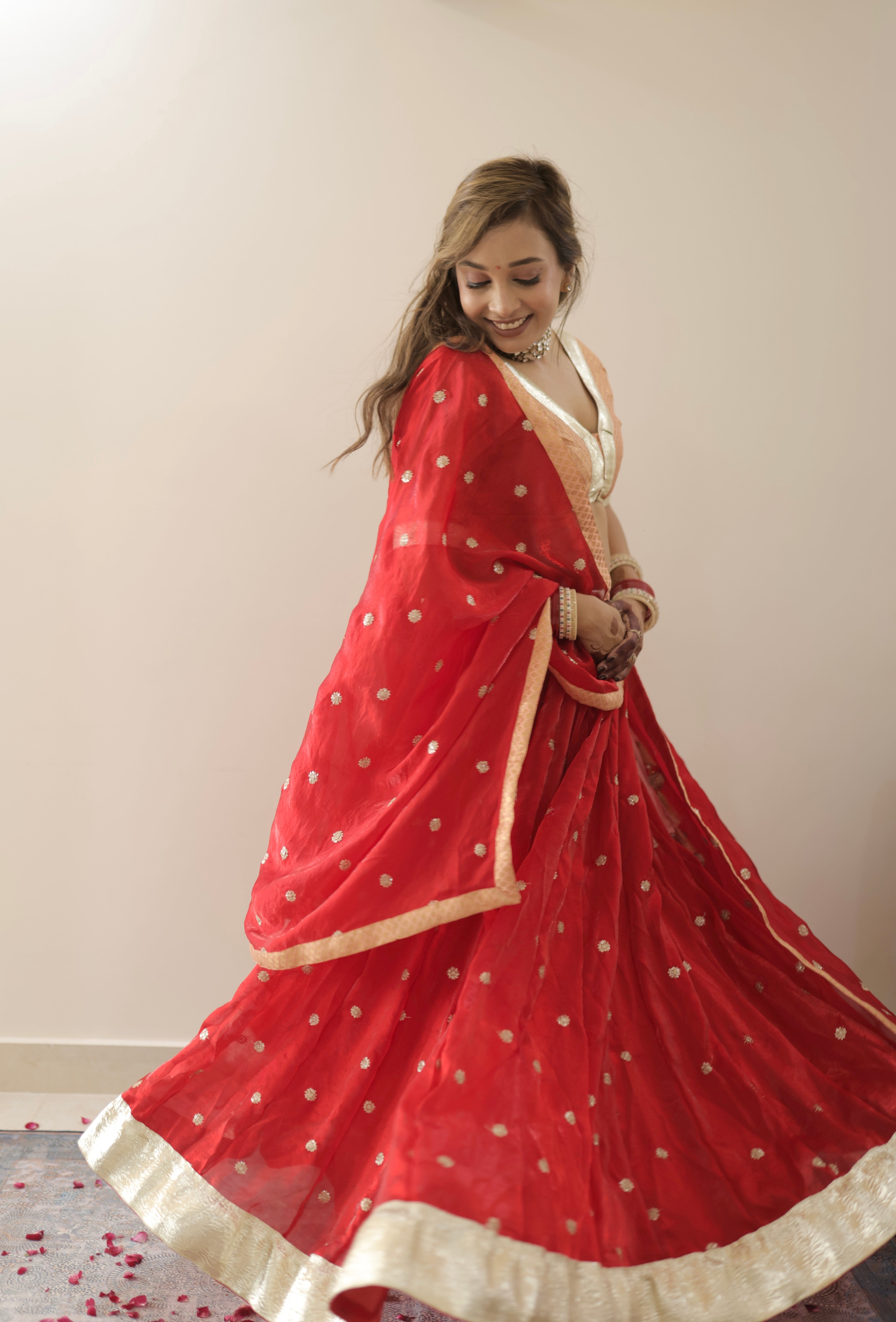 Red and Peach Women Lehenga, Blouse and Dupatta