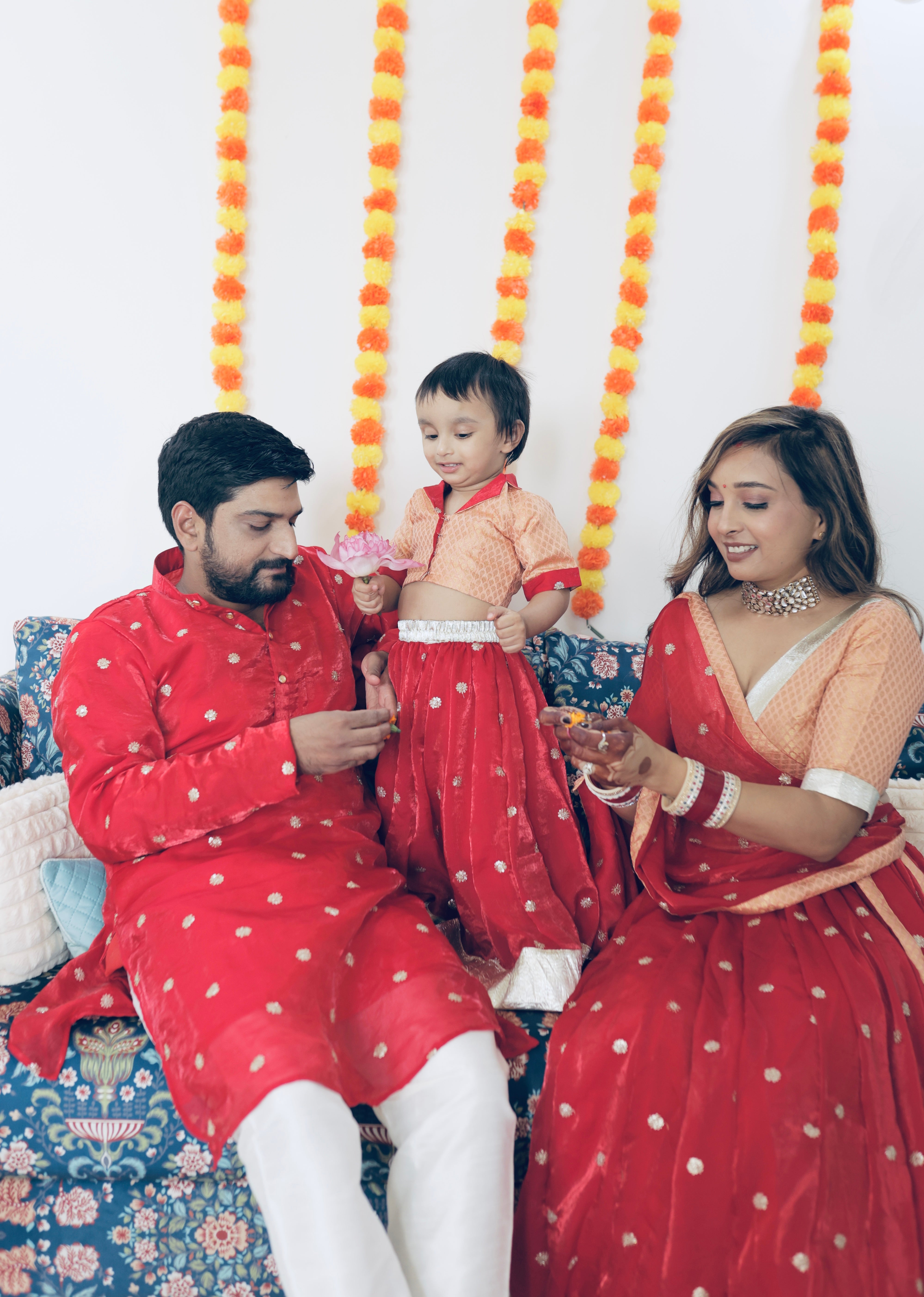 Red and Peach Lehenga Sets | Twinning Sets for Mother, Daughter, Father and Son