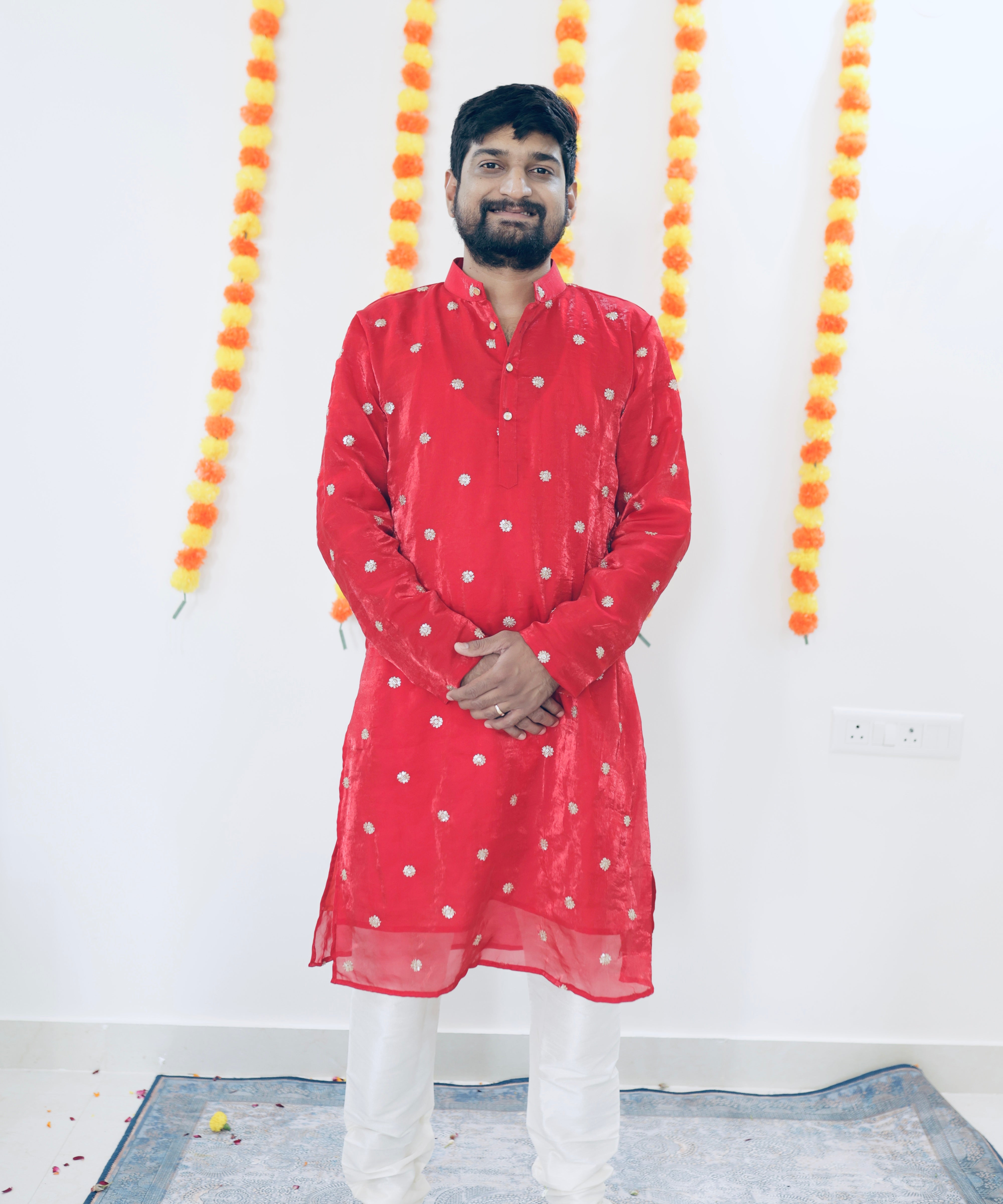 Red and Peach Men Kurta