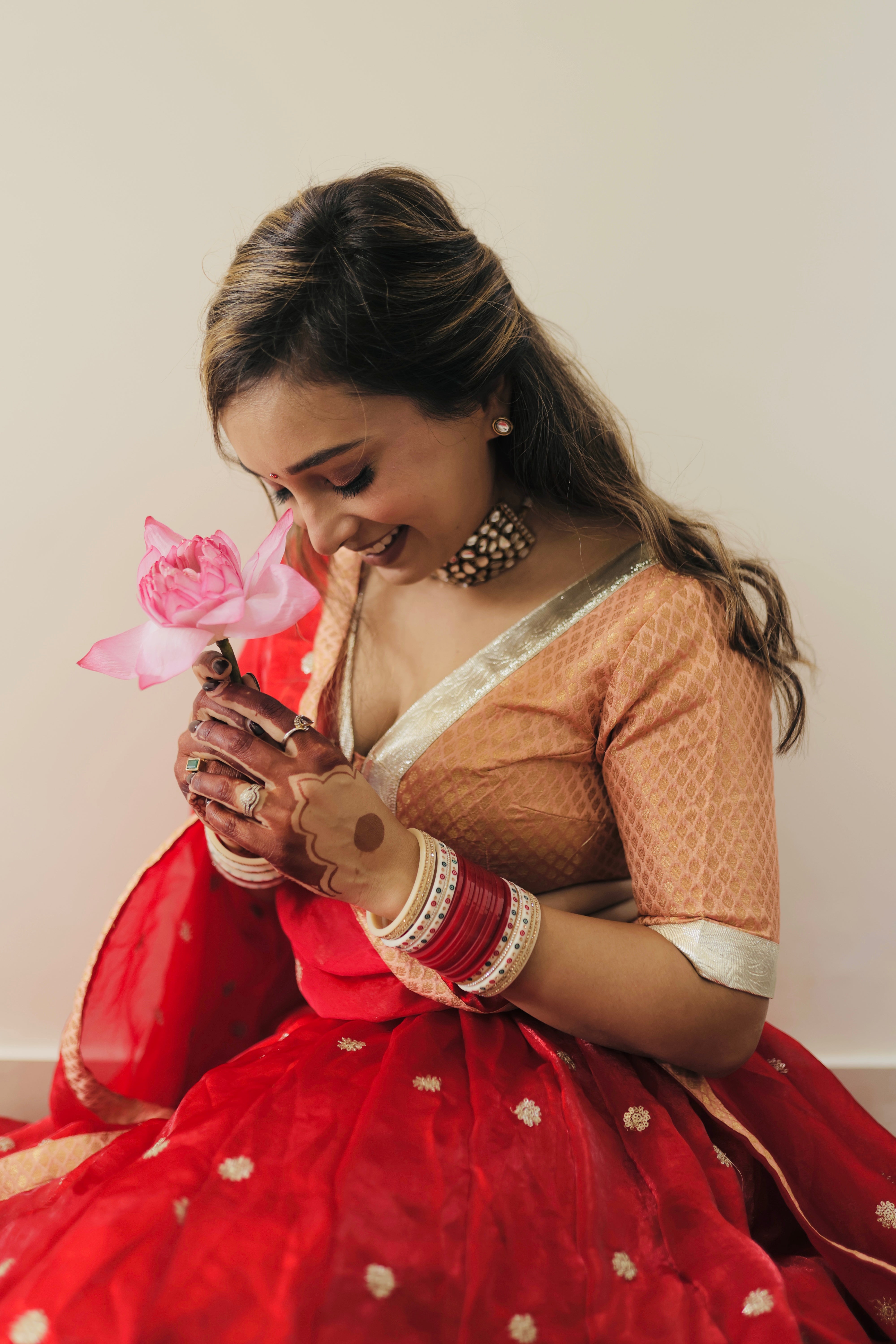 Red and Peach Women Lehenga, Blouse and Dupatta