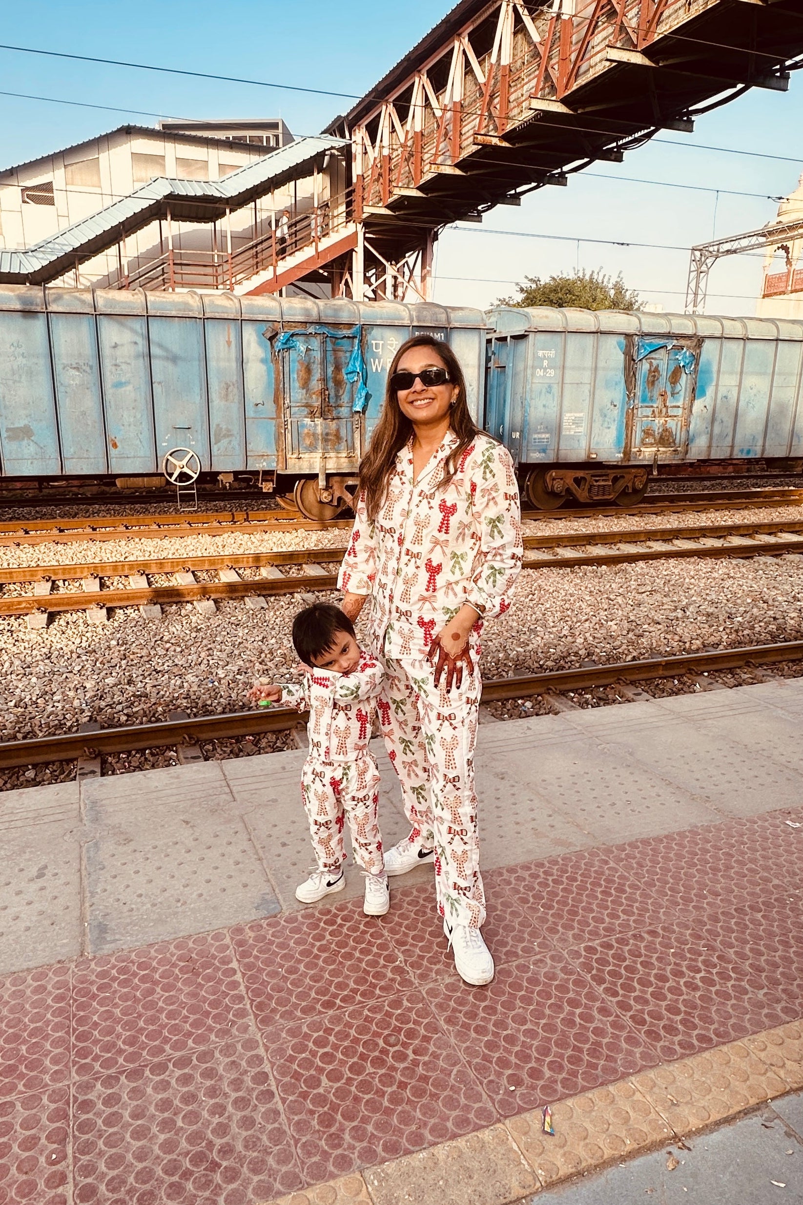 Christmas Bow Print Family Twinning Set | Twinning Christmas Night Suits for Mother , Daughter, Son and Father.