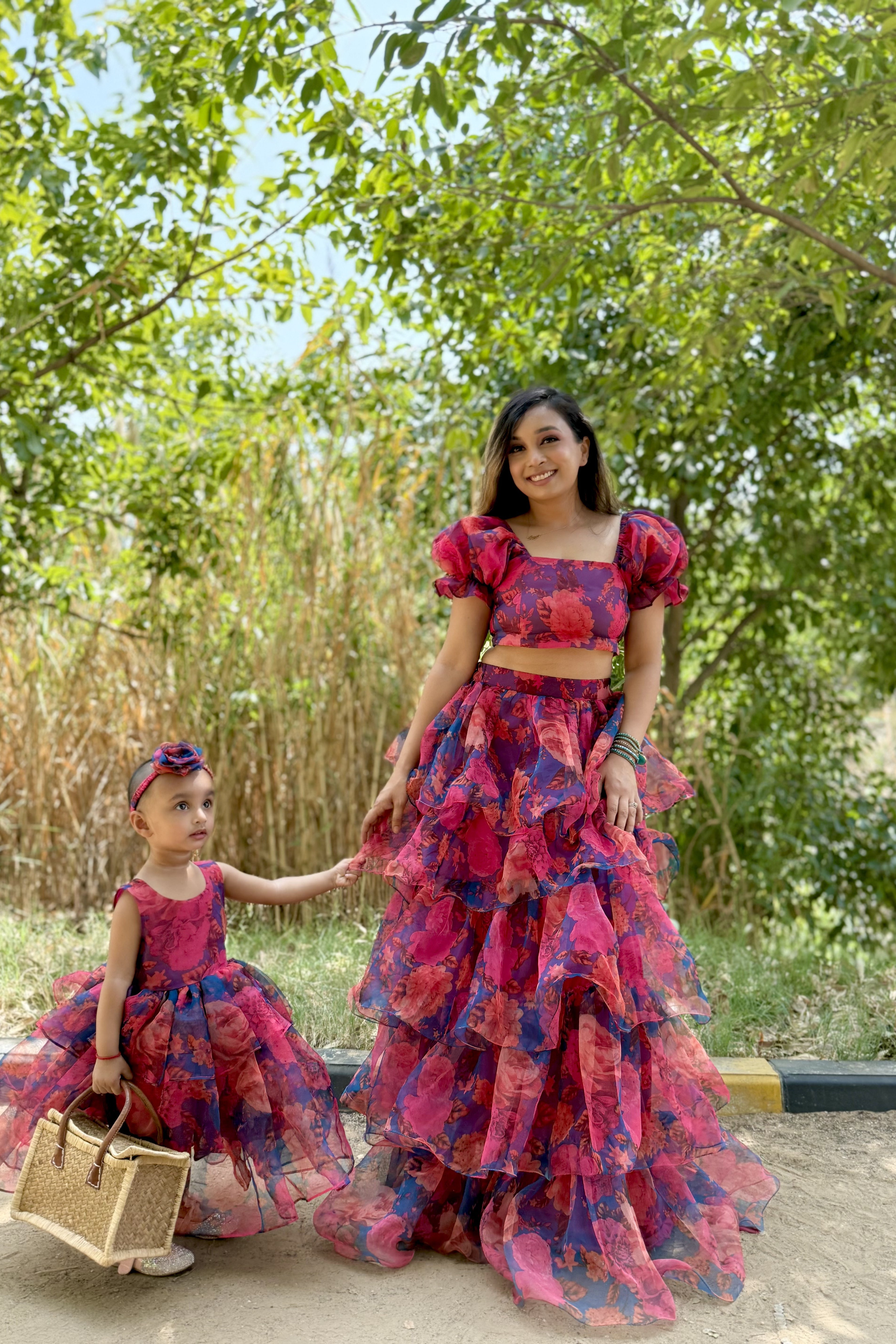 Floral Organza party wear twinning gowns for mother and daughter