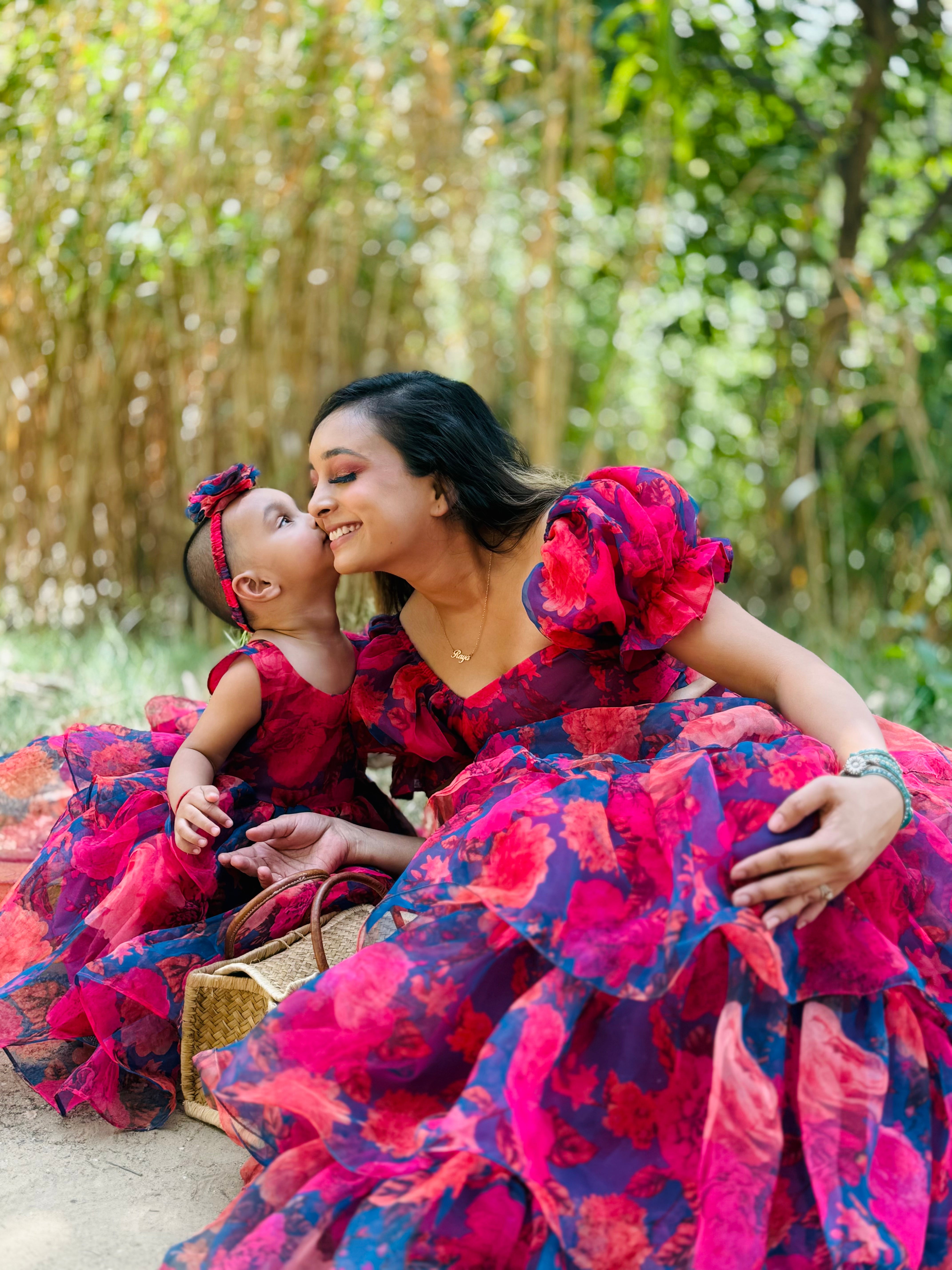 Floral Organza party wear twinning gowns for mother and daughter
