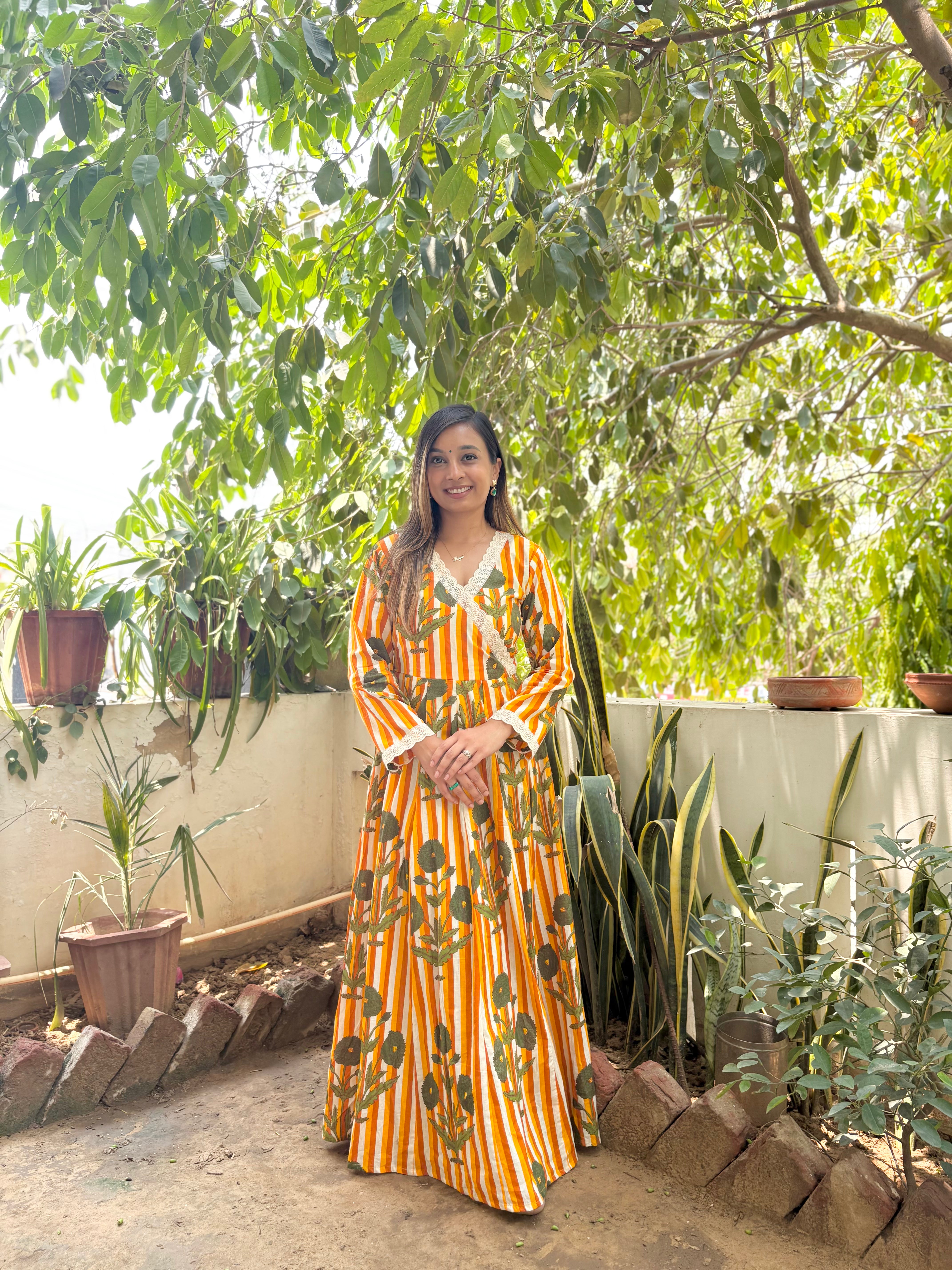 Amber Bloom – Orange Cotton Anarkali Kurta