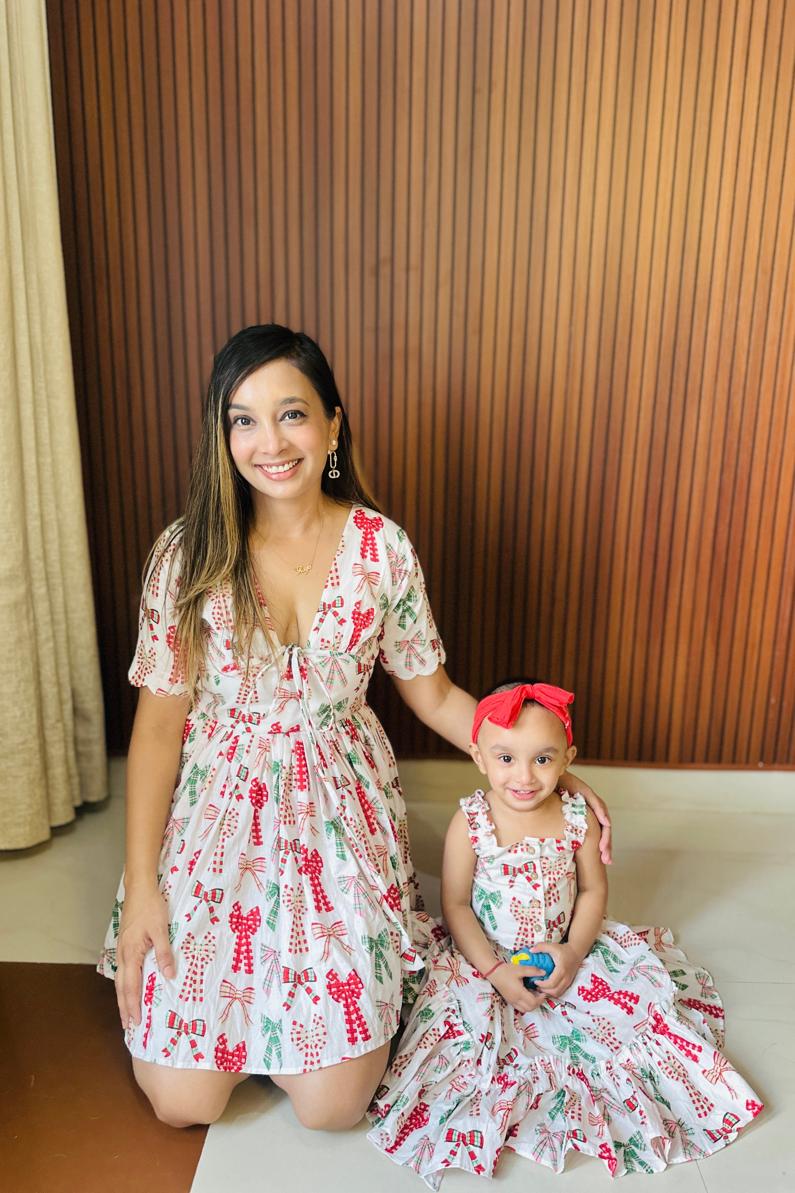 “Bows of Joy" Red & White Cotton Twinning Dresses