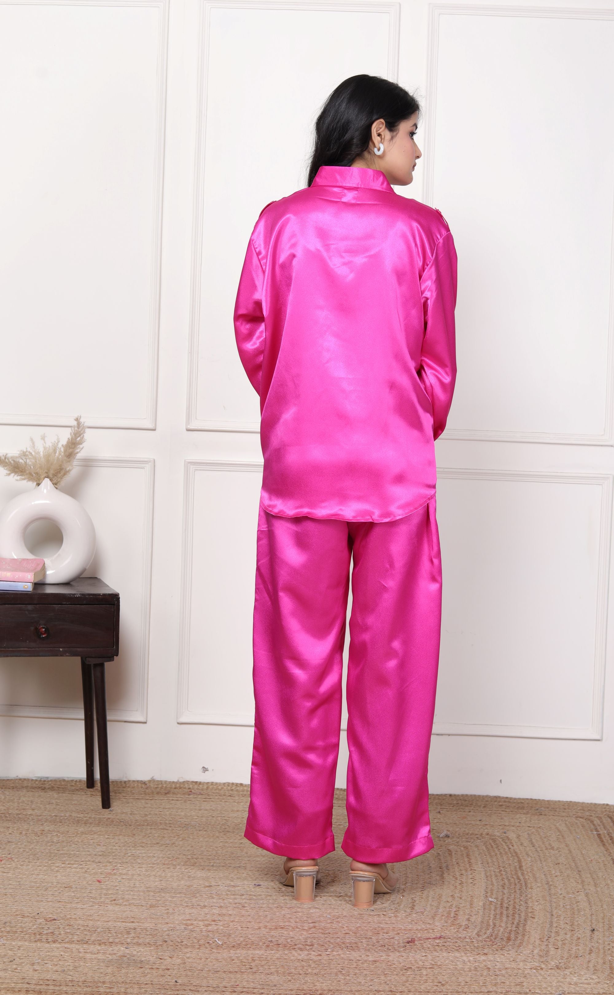 Hot Pink Color Satin Women Coordset