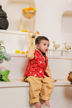 Jalebi Red and Gold Boy's Ethnic Wear Set | Kurta, Pant & Jacket set