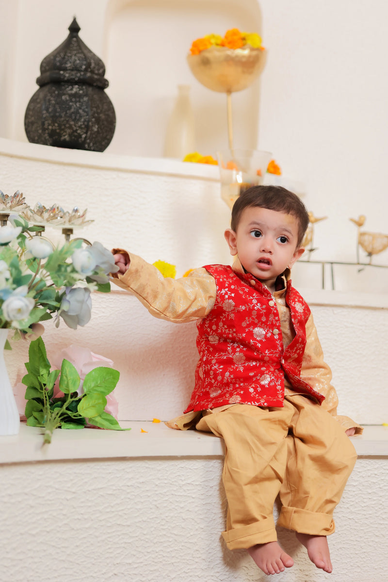 Jalebi Red and Gold Boy's Ethnic Wear Set | Kurta, Pant & Jacket set