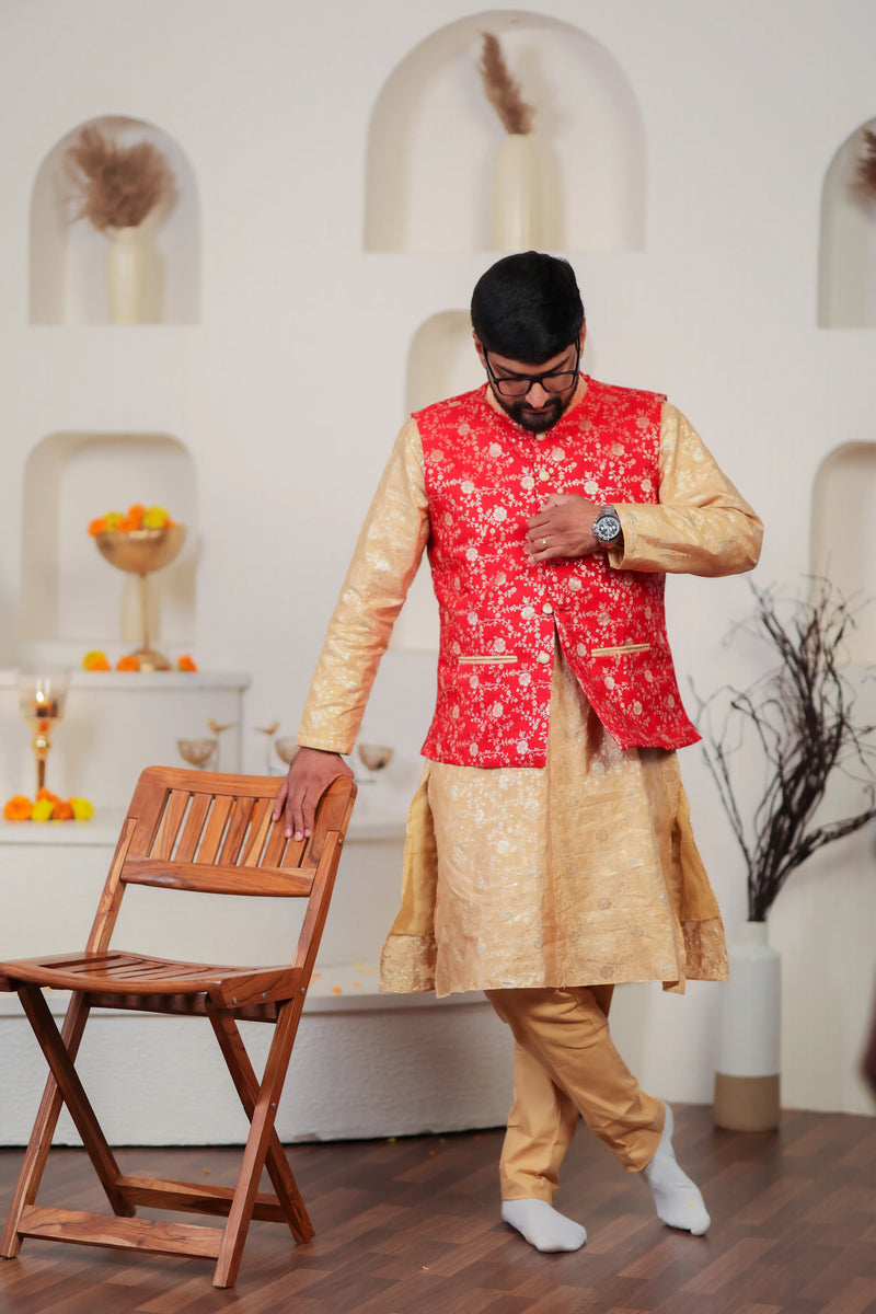 Jalebi Red and Gold Men's Kurta, Pant, and Jacket Set | Elegant Ethnic Wear for Special Occasions