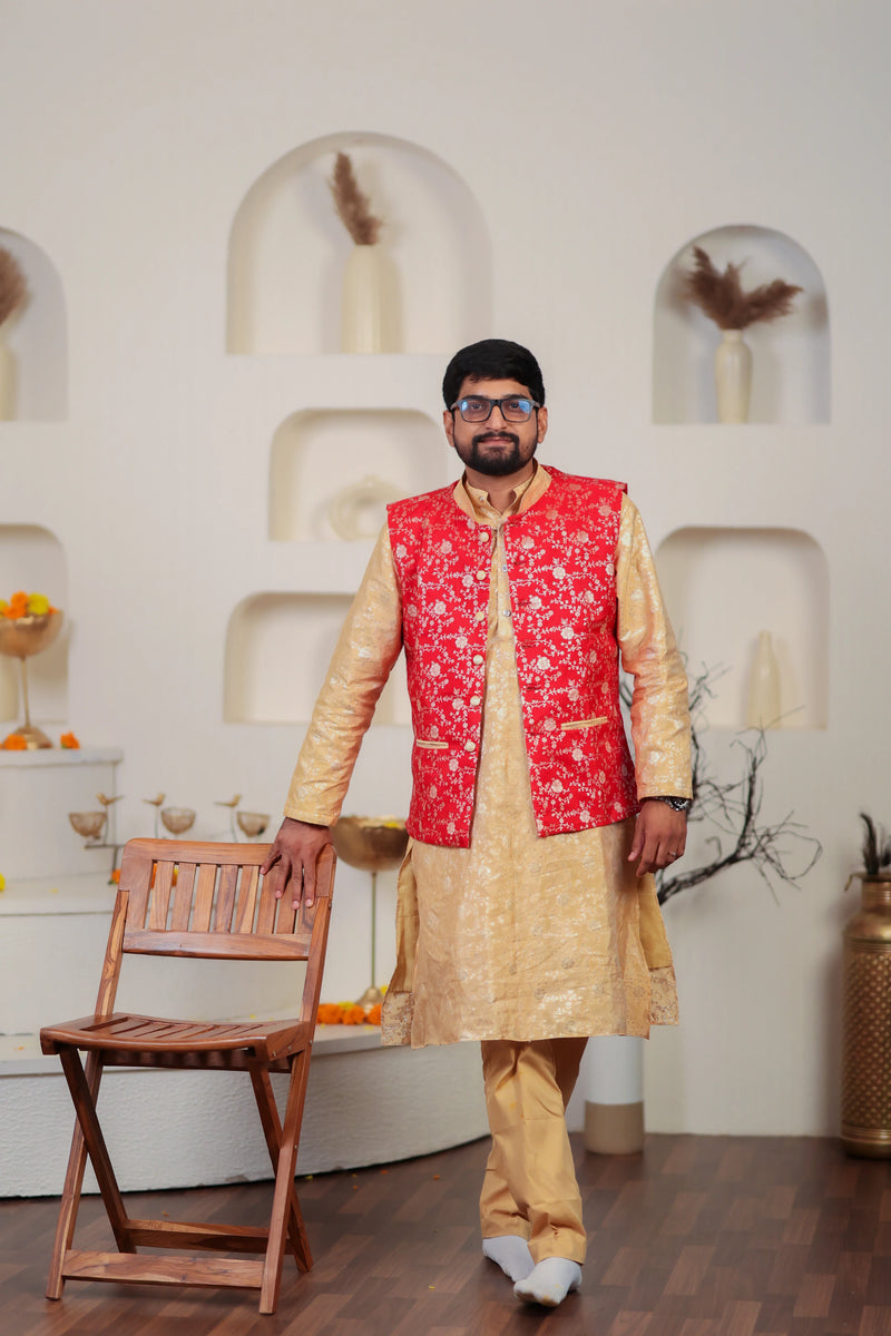 Jalebi Red and Gold Men's Kurta, Pant, and Jacket Set | Elegant Ethnic Wear for Special Occasions