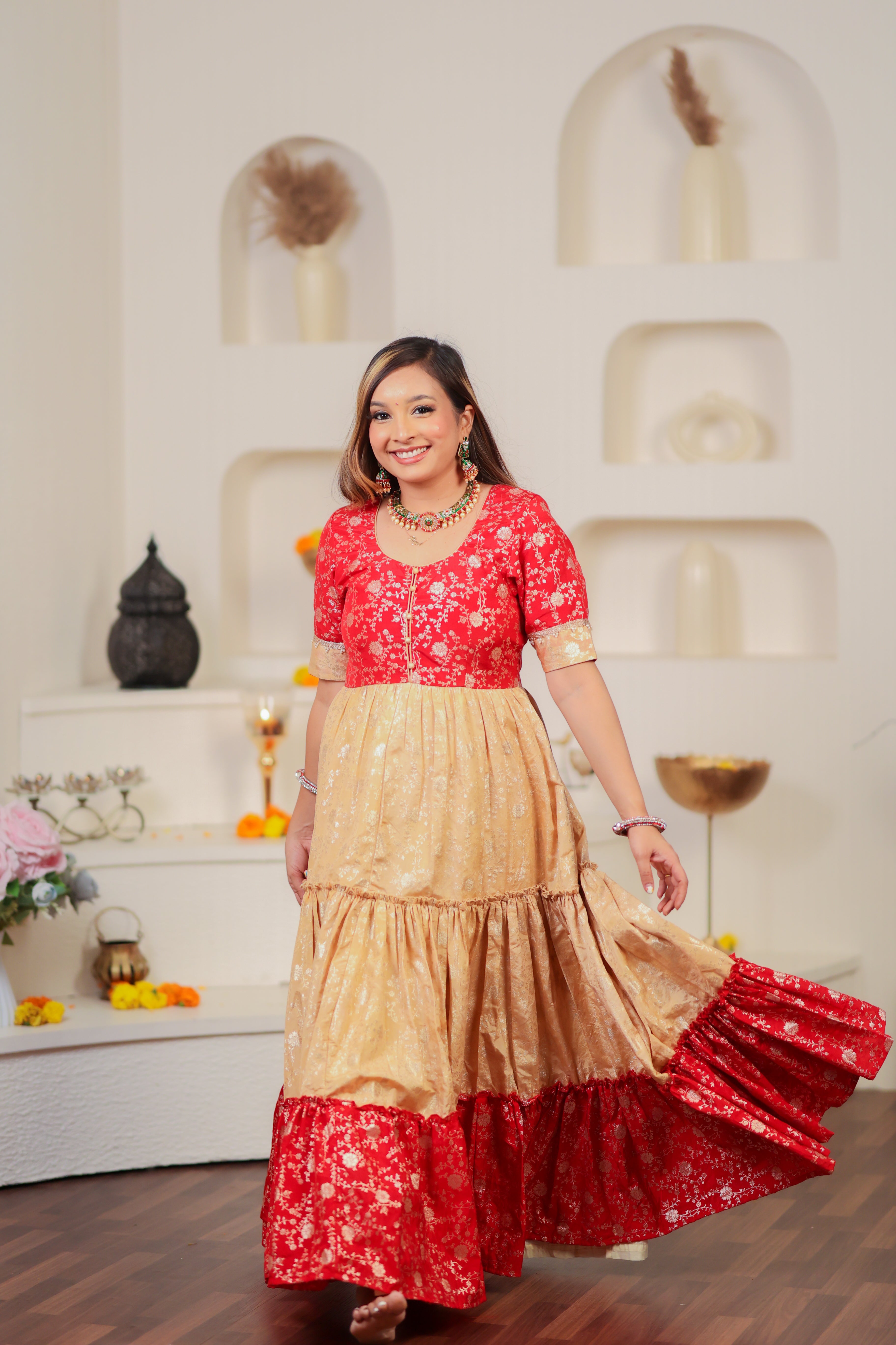 Red And Gold Women Anarkali Dress