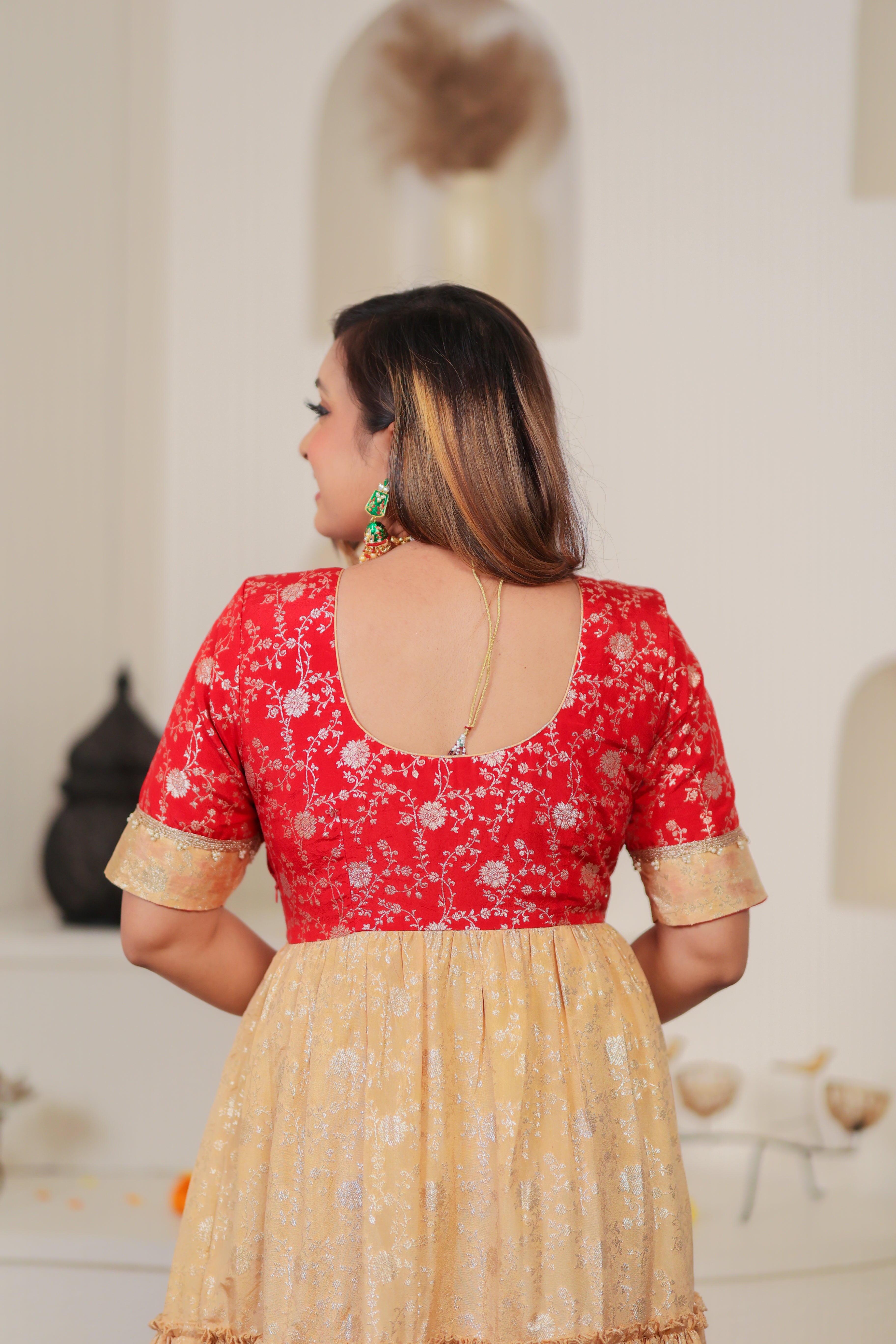 Red And Gold Women Anarkali Dress