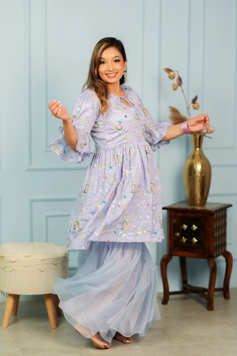 Elegant Jamun Kulfi Crepe Kurta with Organza Sharara for Women | Celebrate Culture in Style