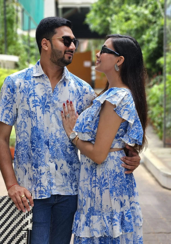 Men's Blue & White Jungle Print Half-Sleeve Shirt