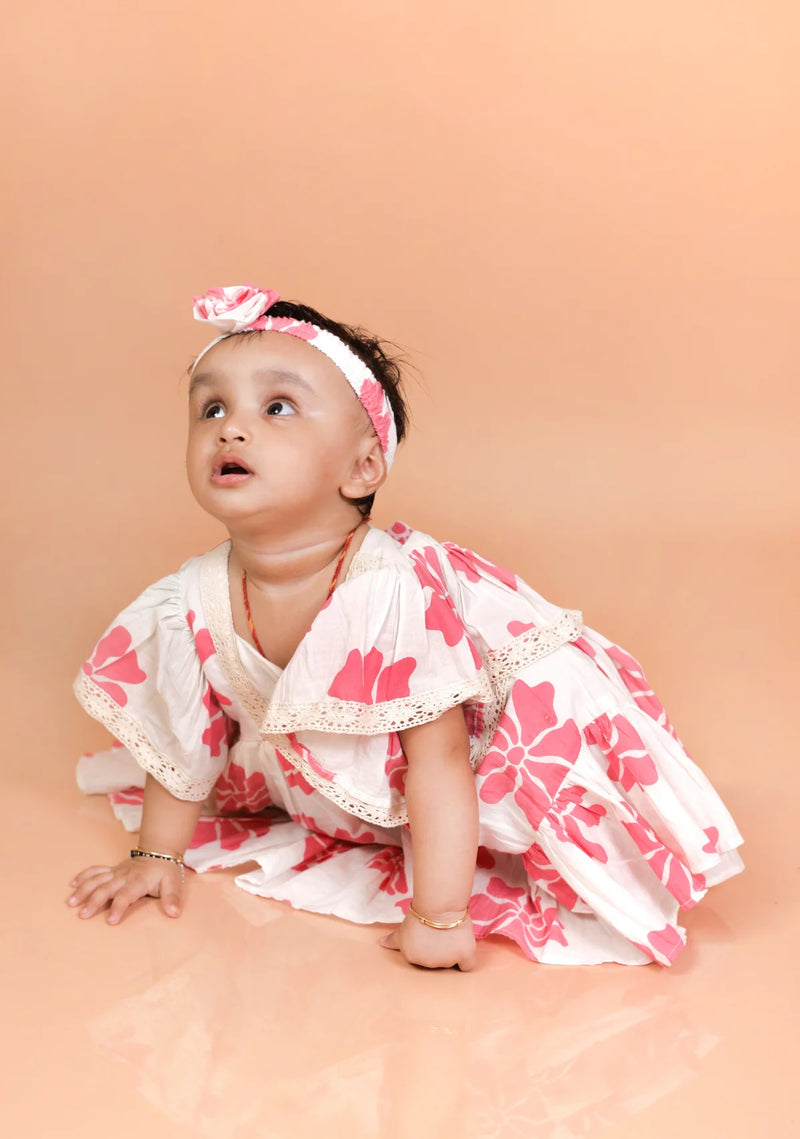 Stunning White with Pink Flower Twinning Outfits for Family