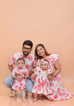 Stunning White with Pink Flower Twinning Outfits for Family