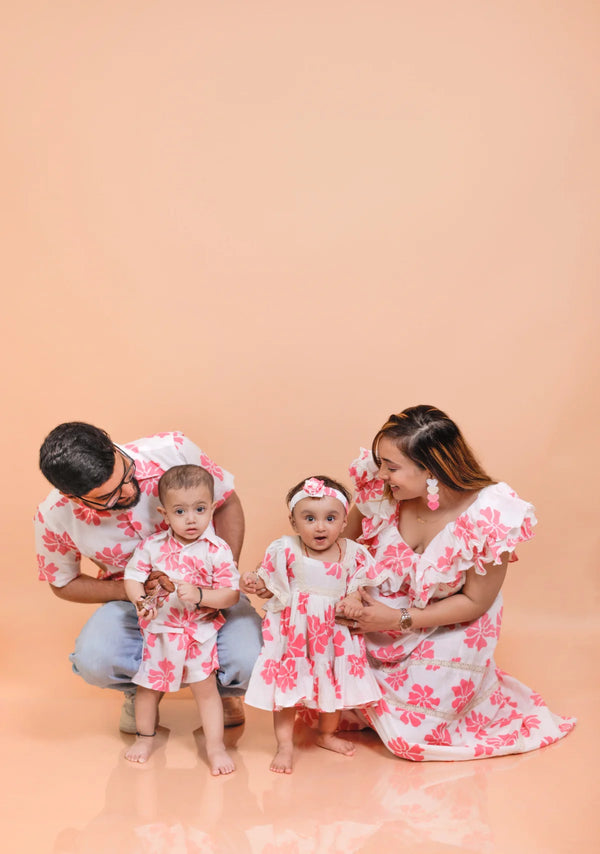 Stunning White with Pink Flower Twinning Outfits for Family