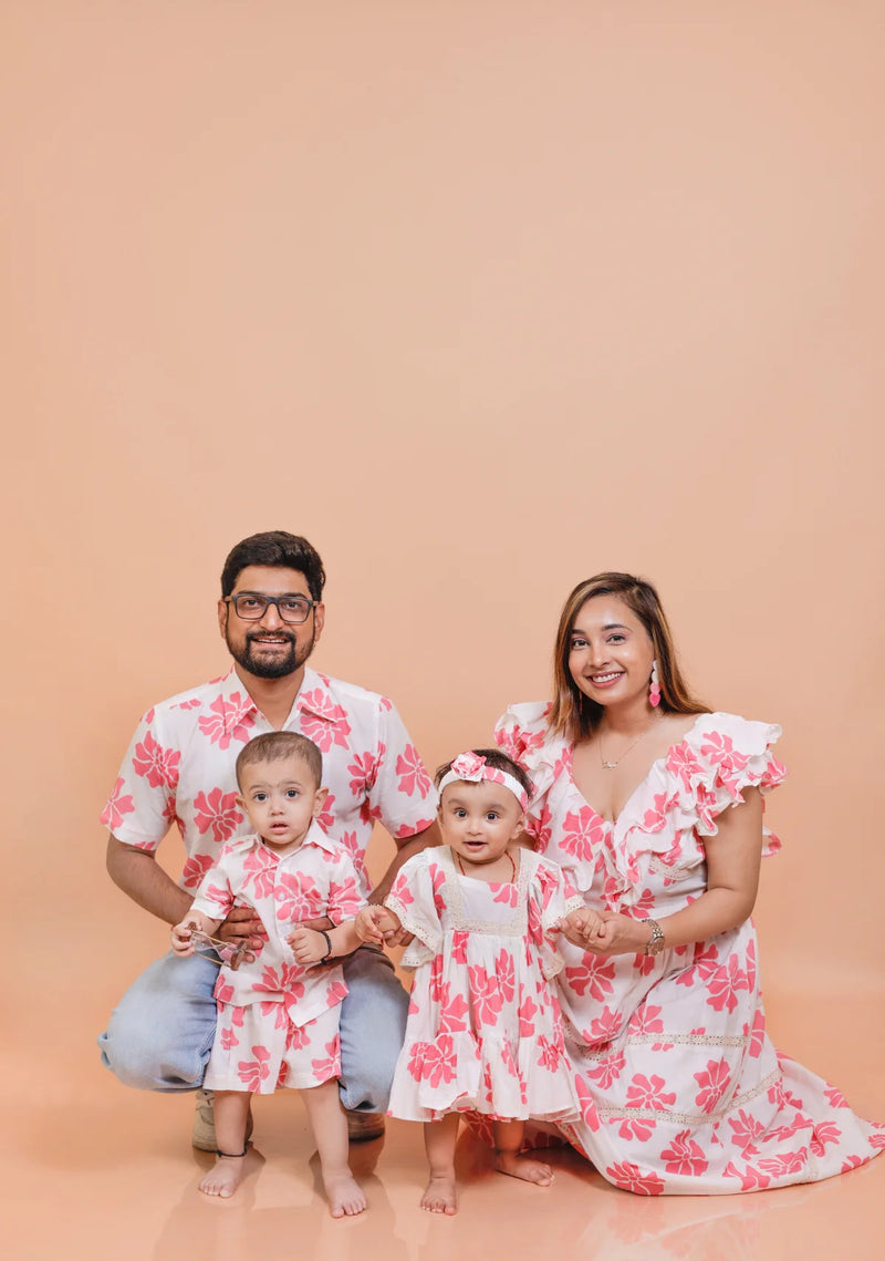 Stunning White with Pink Flower Twinning Outfits for Family