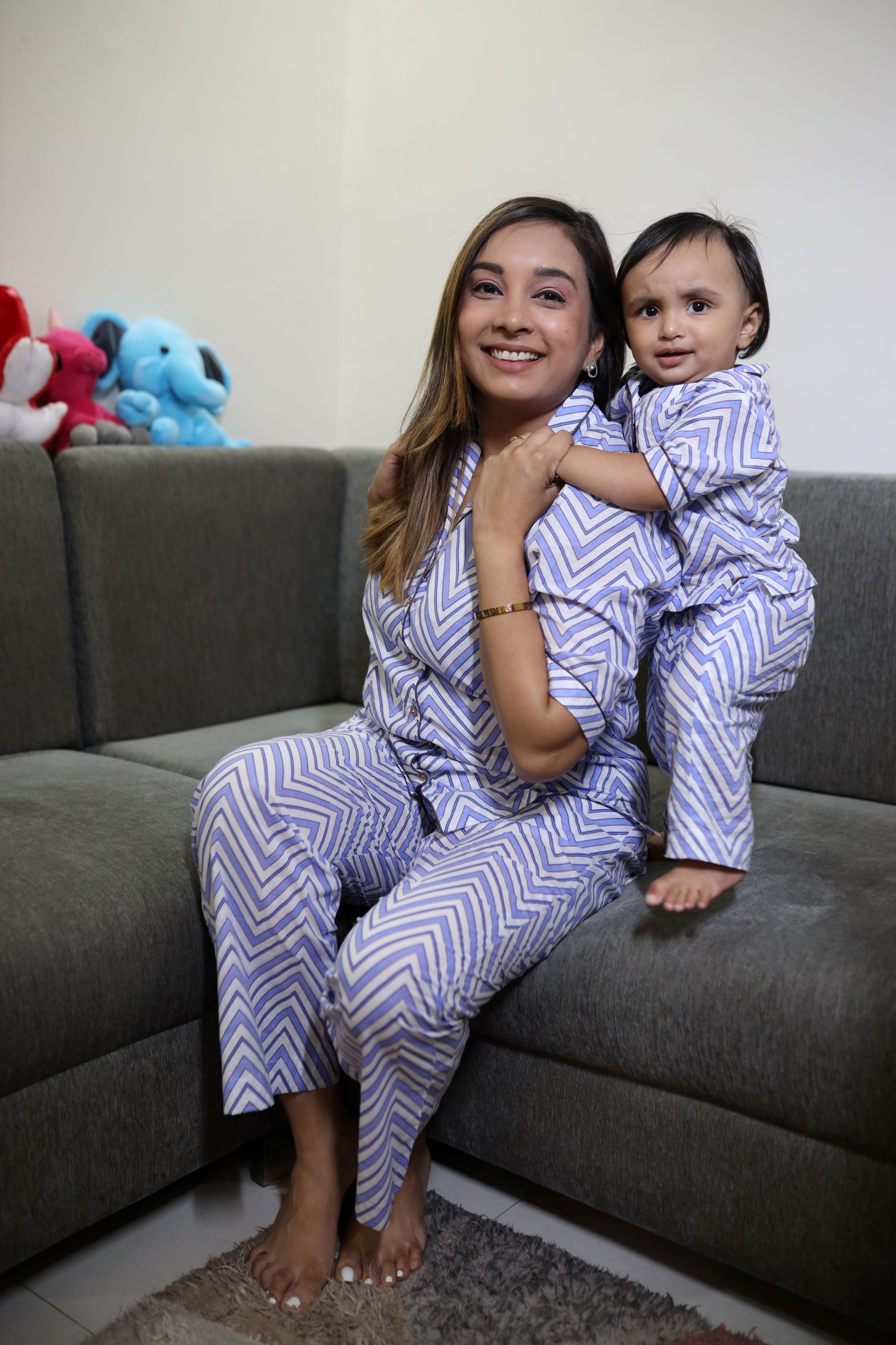 Blue Zig Zag Women Cotton Night Suit (Shirt and Pant)