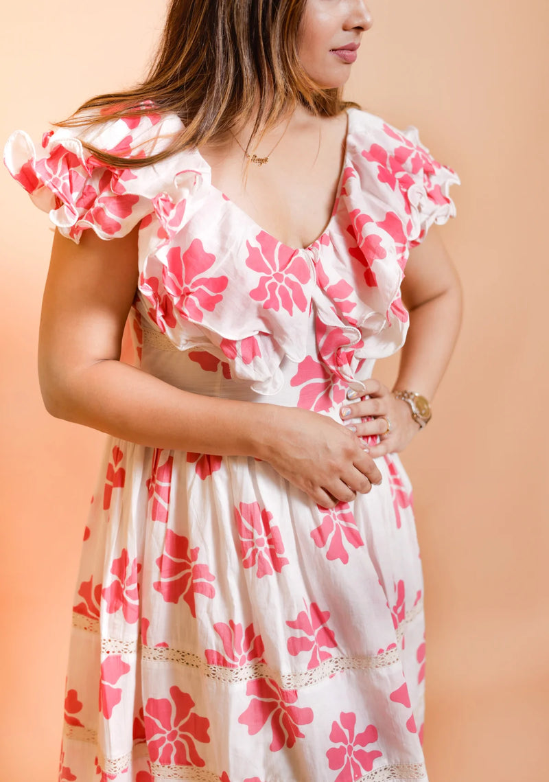 Stunning White with Pink Flower Twinning Outfits for Family