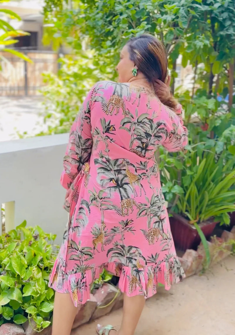 Stylish Pink Jungle Print Dress for Women | Full Sleeves & Short Design