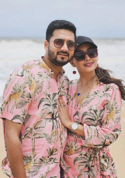 Pink Jungle Print Couple Twinning Outfit | Casual Wear for Women & Men (Dress for Her, Shirt for Him)