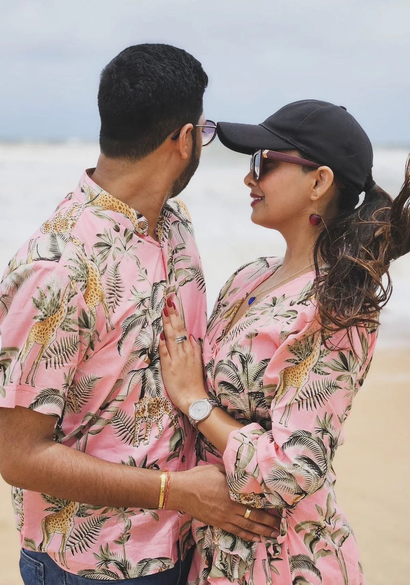 Pink Jungle Print Couple Twinning Outfit | Casual Wear for Women & Men (Dress for Her, Shirt for Him)