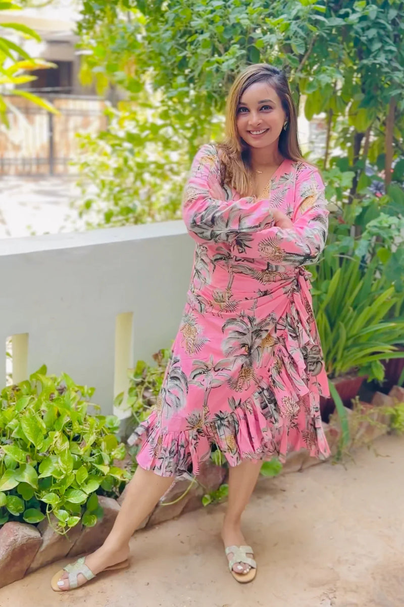 Stylish Pink Jungle Print Dress for Women | Full Sleeves & Short Design